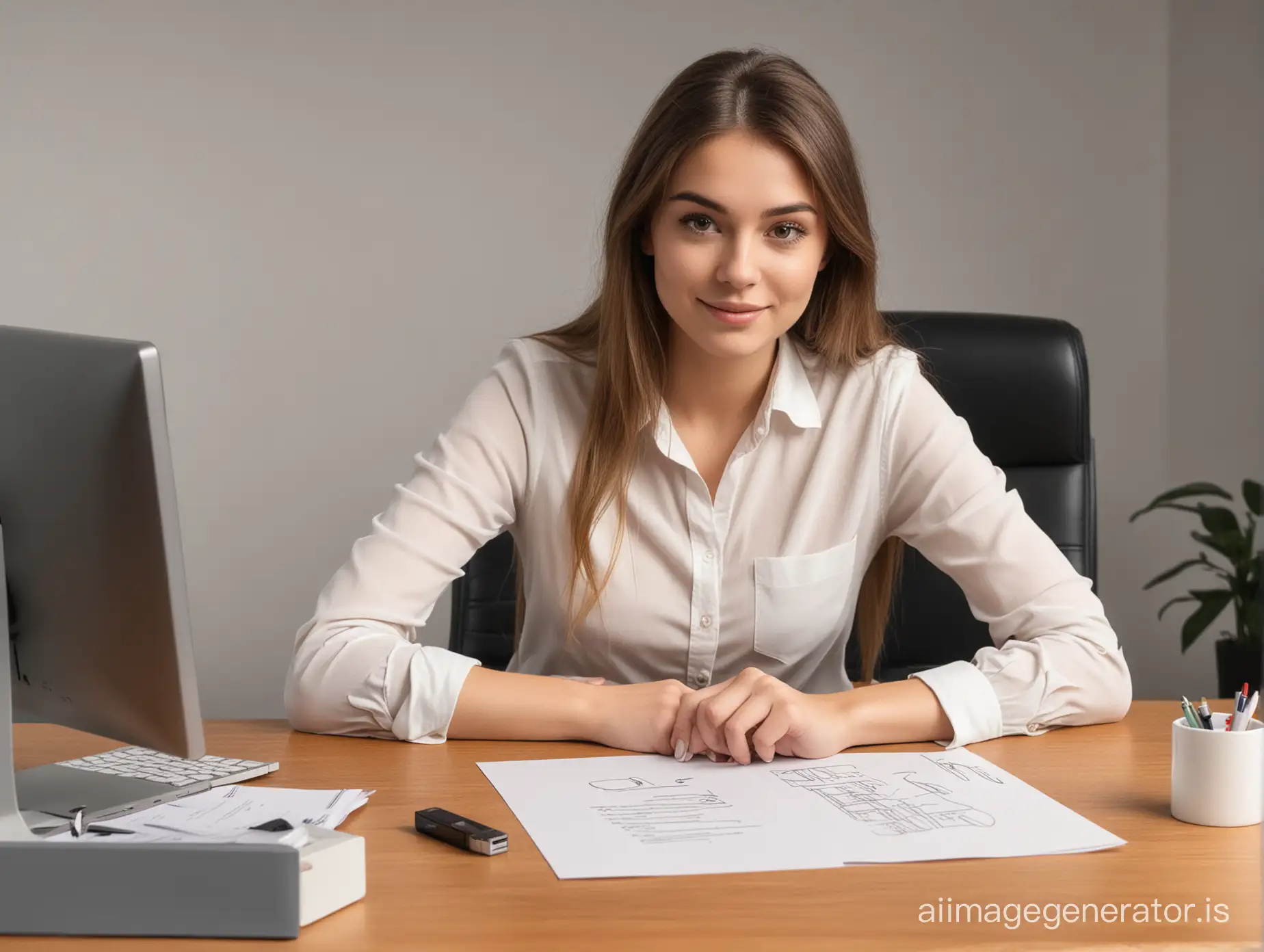 Draw a girl in a drawn style sitting at an office desk holding a flash drive with an electronic signature.