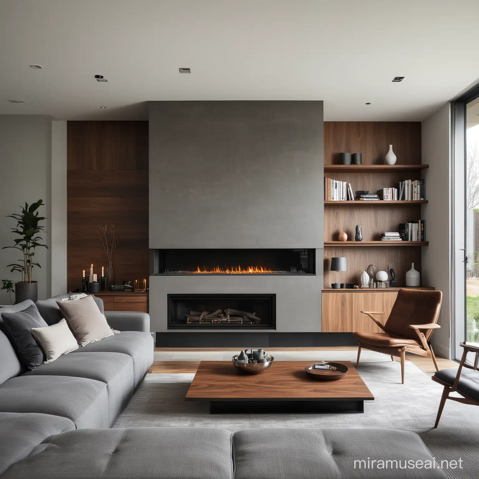 grey, walnut, modern, minimalism, fire place, living room