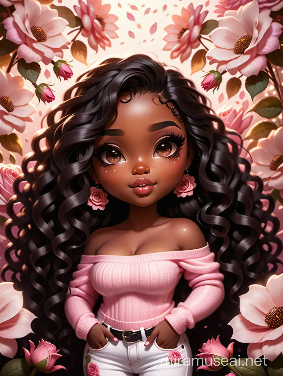 Expressive Oil Painting Chibi Thick Curvy Black Female in White Jeans and Pink Sweater amidst Dahlia Flowers