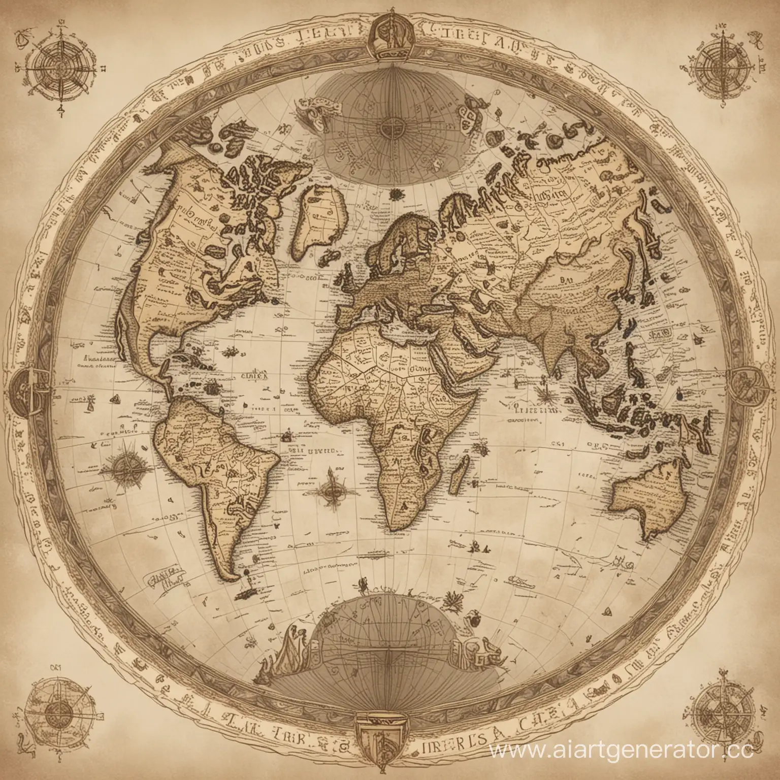 Круглая карта земного шара, в средневековом стиле. Серо-бежевые тона. 
