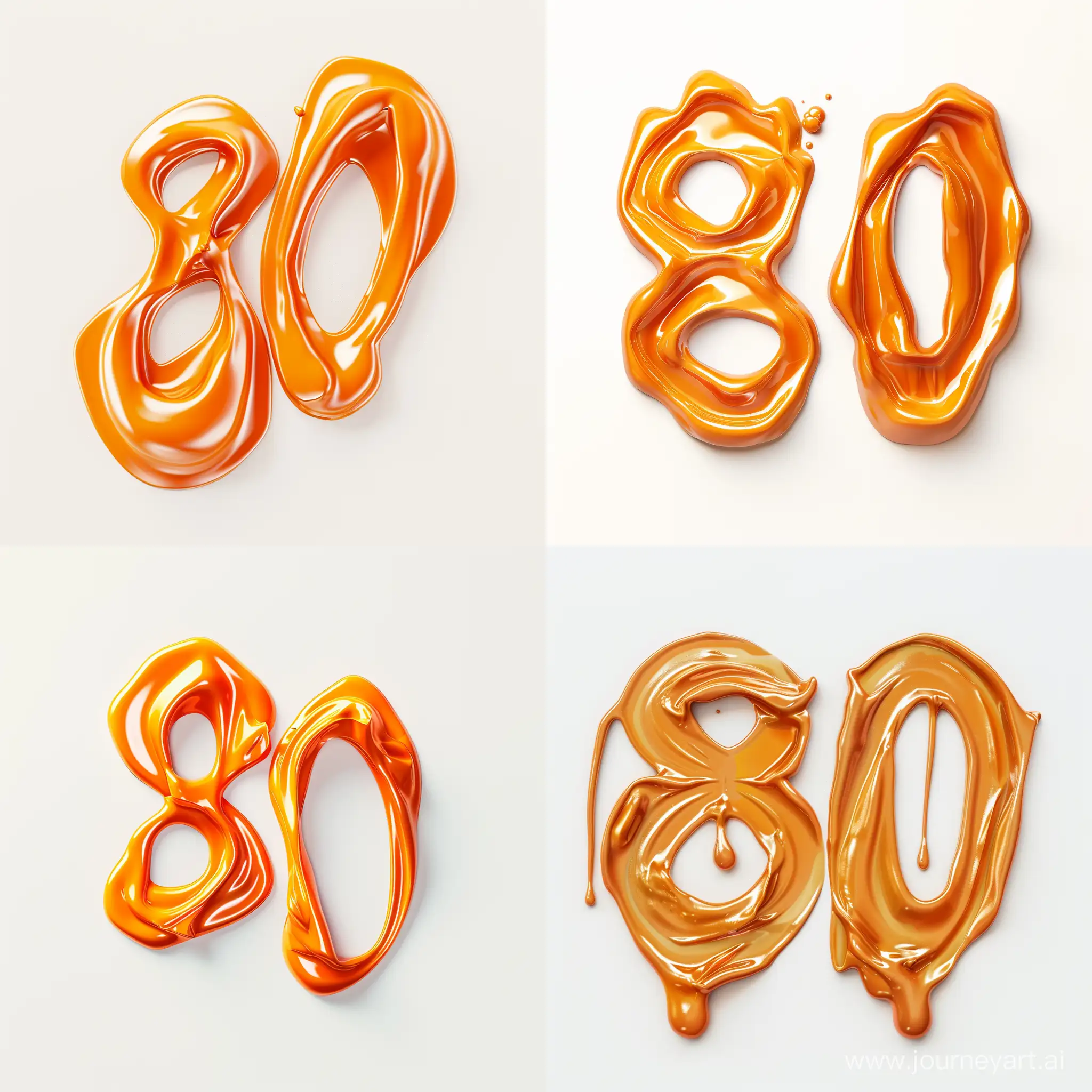 two abstract liquids of orange glossy paint forming the number 80 on white background, photo realistic, high resolution, unreal quality