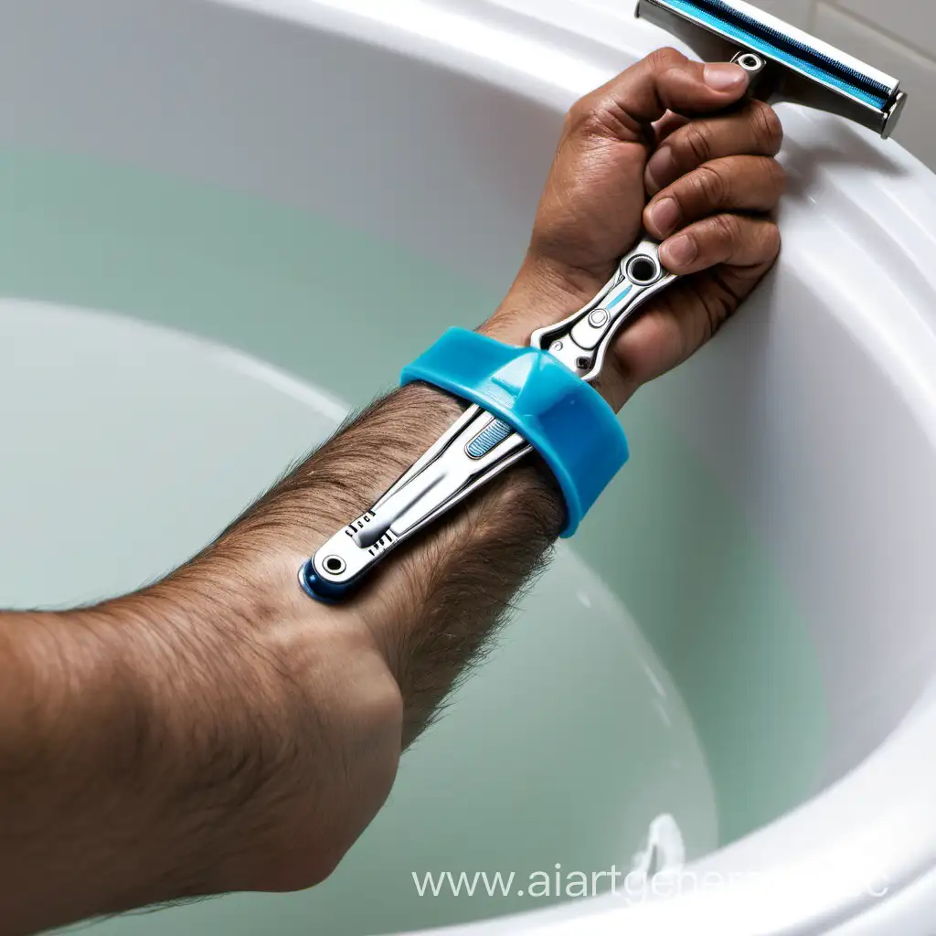 Лезвие для бритвы приложено на запястье  в ванне