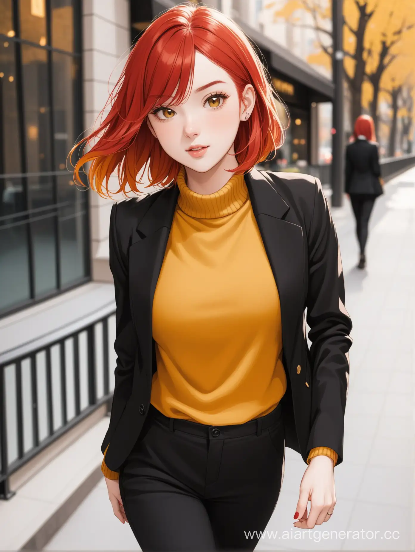 рыжеволосая девушка в чёрном пиджаке в горчичном свитере и чёрных брюках
