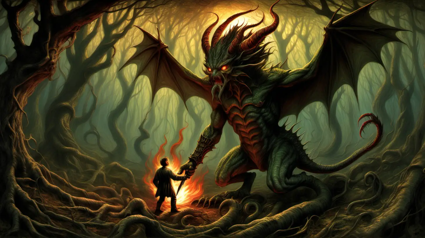 a masterpiece painting that illustrates He took his vorpal sword in hand;
      Long time the manxome foe he sought—
So rested he by the Tumtum tree
      And stood awhile in thought.

And, as in uffish thought he stood,
      The Jabberwock, with eyes of flame,
Came whiffling through the tulgey wood,
      And burbled as it came!

One, two! One, two! And through and through
      The vorpal blade went snicker-snack!
