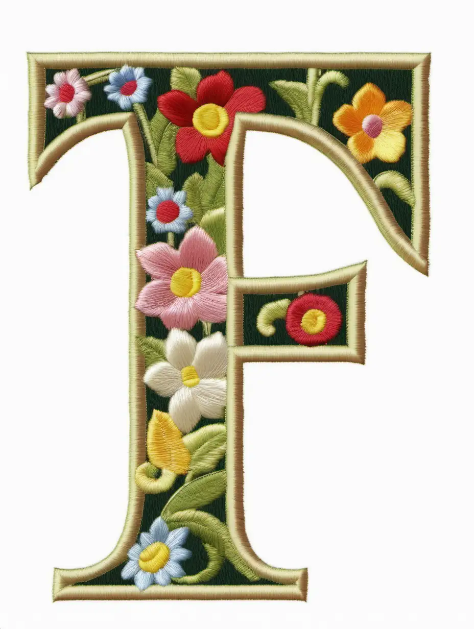 upper case letter 'T' in embroidered flower style with clear white background