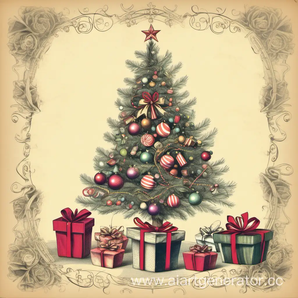 Festive-Christmas-Tree-Surrounded-by-Vintage-Gifts-and-Candies