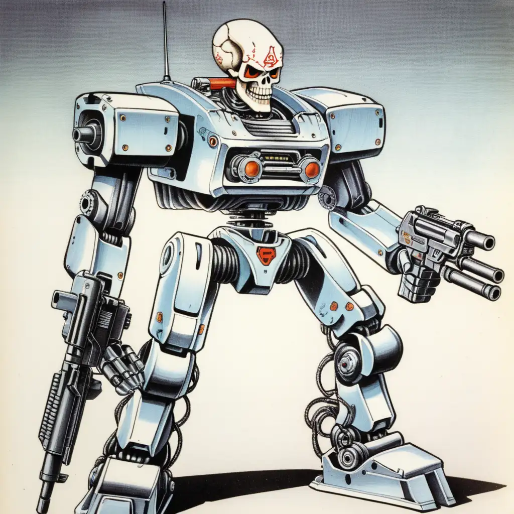 1980s Cartoon Skull Mech Robot with Machine Gun Arms