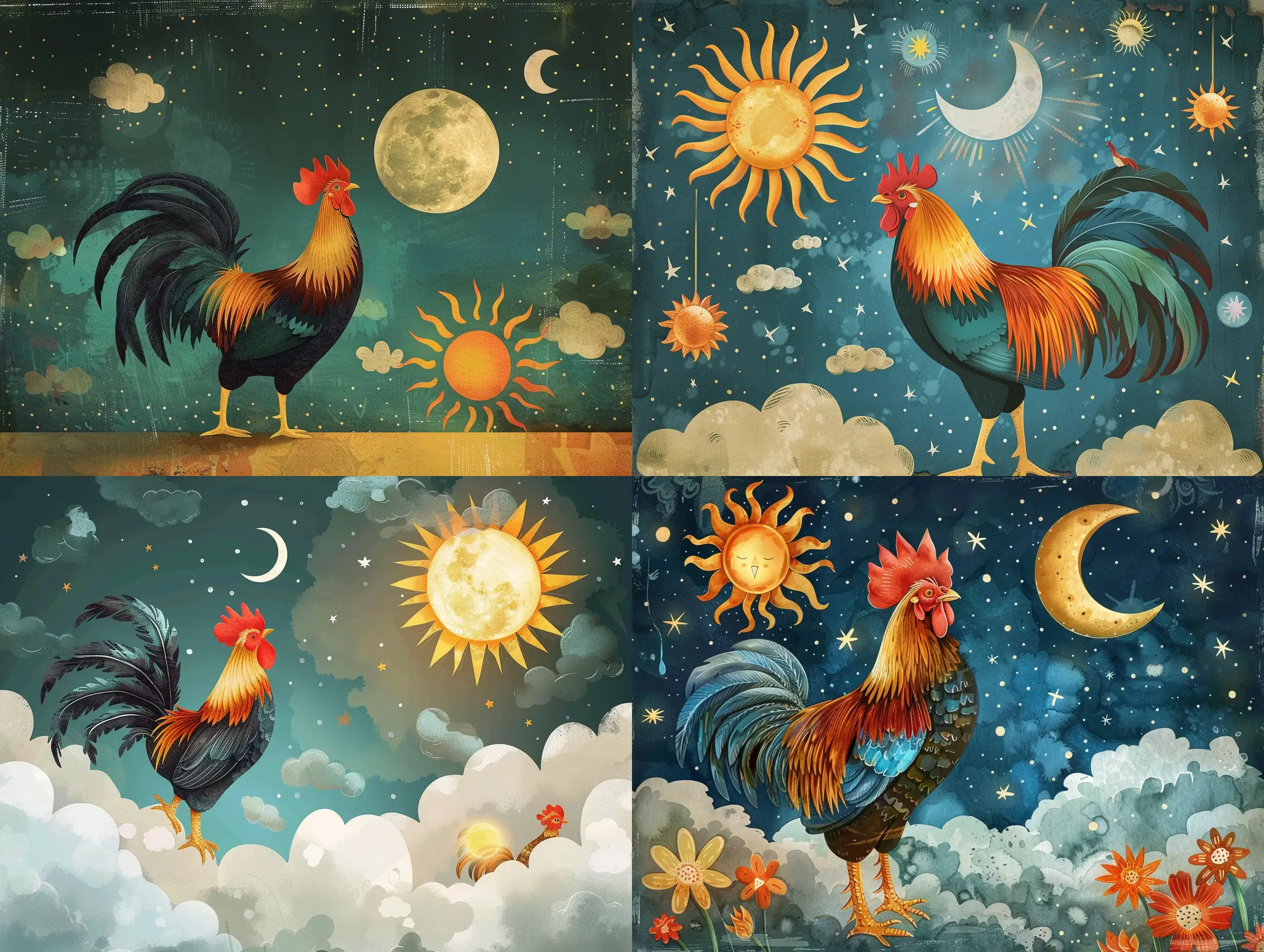 Illustration like fairytale about the rooster, moon ams sun in the sky 