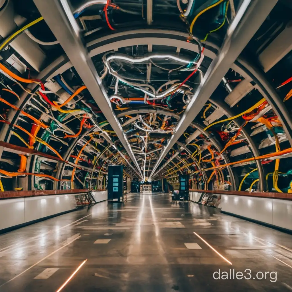 long tunnel with wiring cluttered on the ceiling