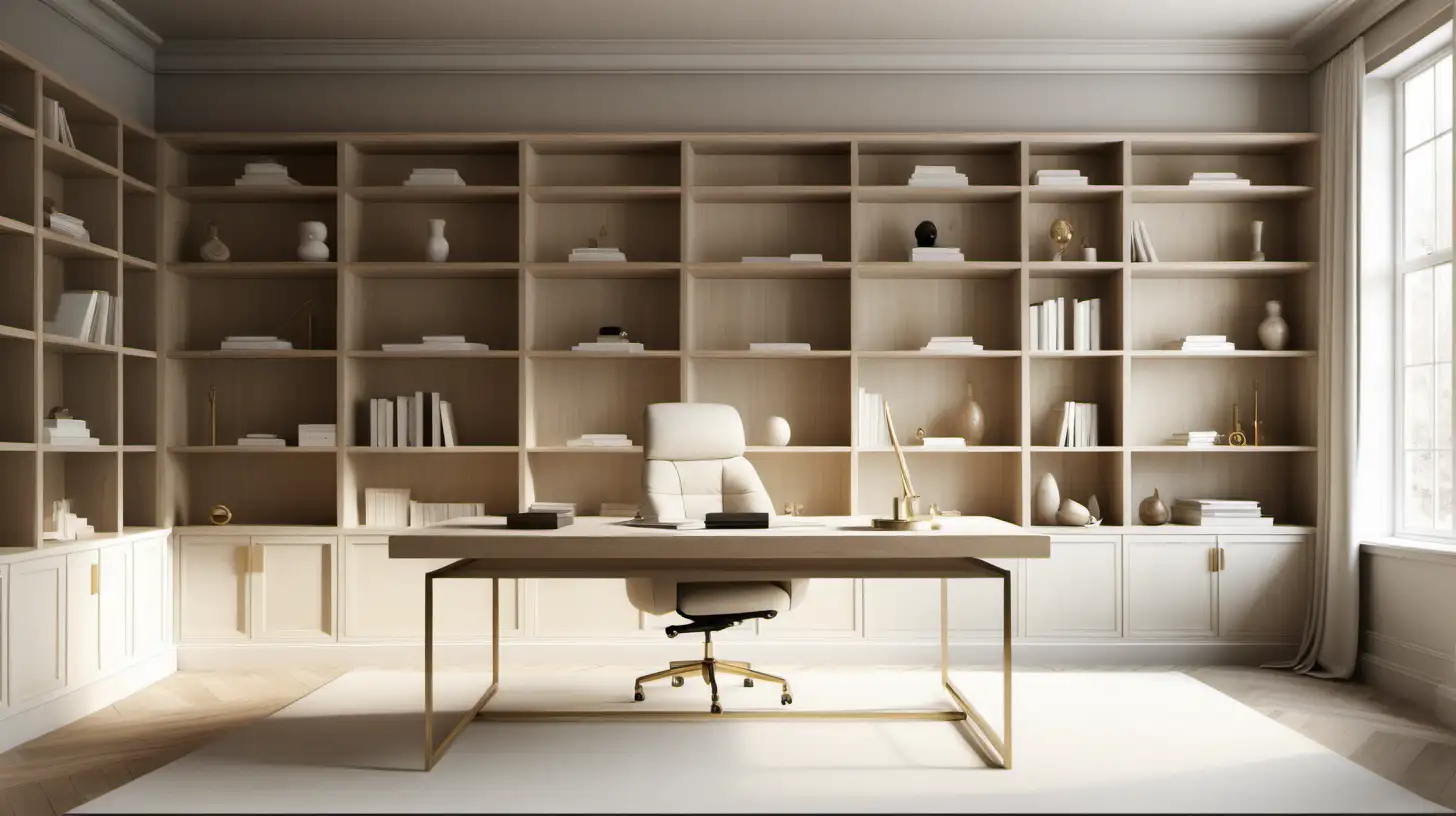 Hyperrealistic Organic Minimalist Large Home Office and Library in Blonde Oak and Brass