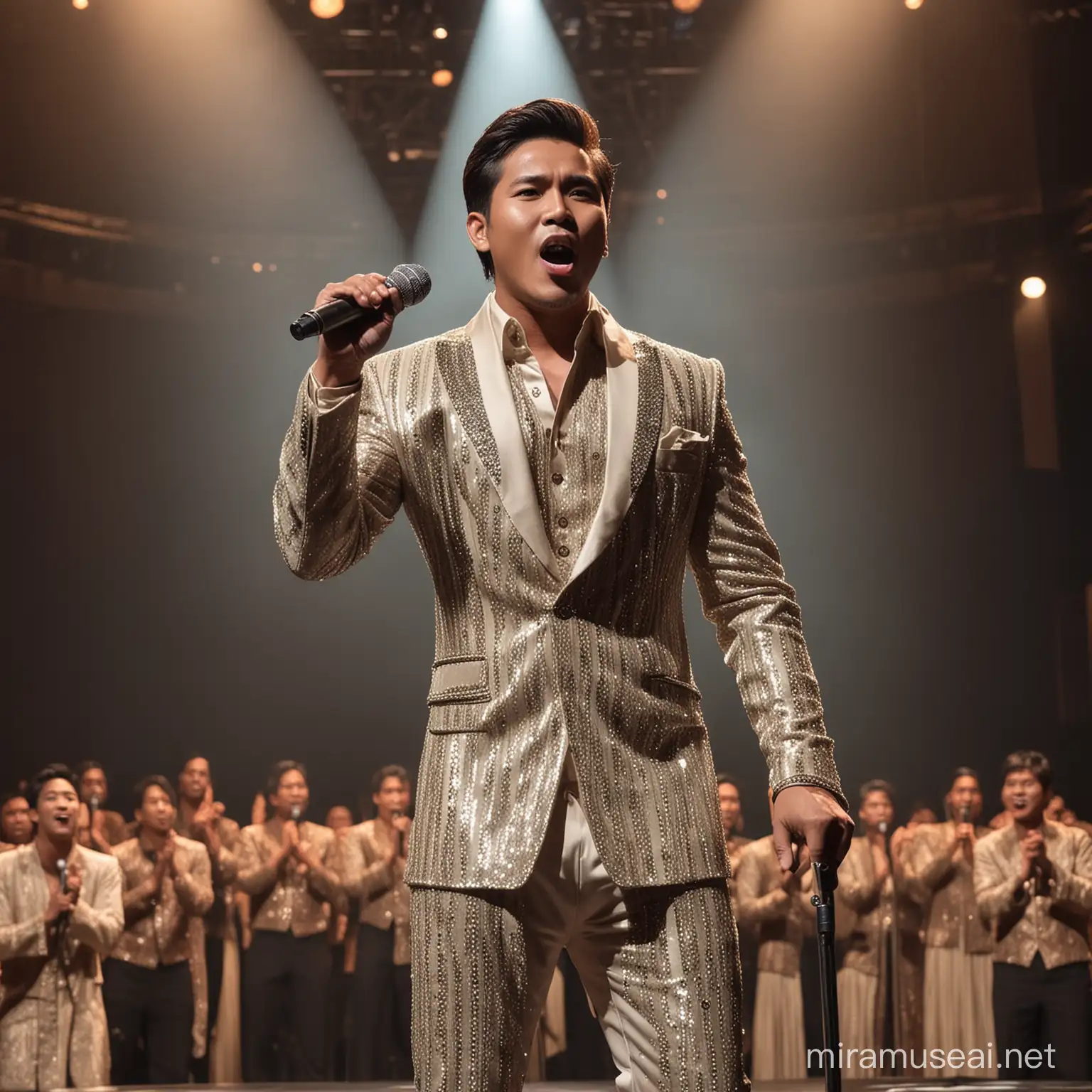 Luxuriously Attired Indonesian Singer Performing on Magnificent Stage with Orchestra