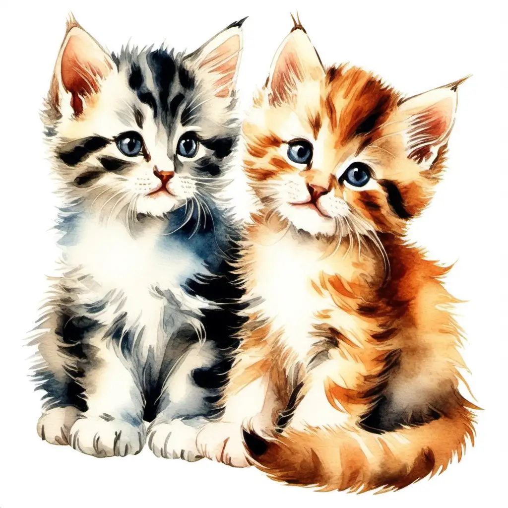Vintage Watercolor Painting of Cute Fluffy Kittens on White Background