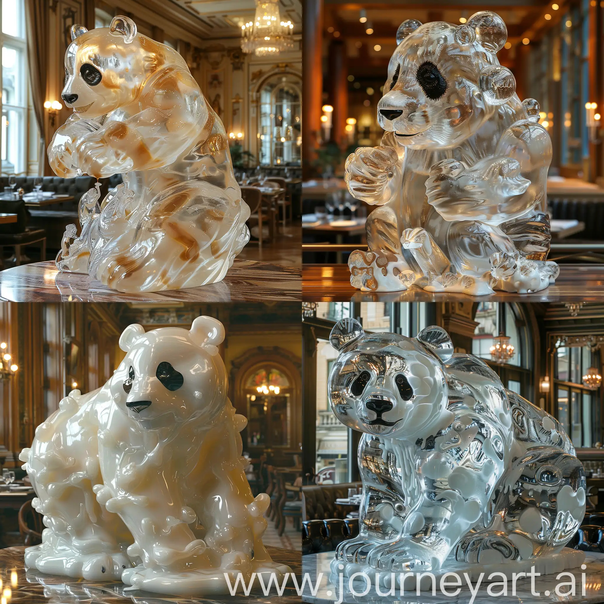 sculpture of panda bear made entirely of melting icecream, background of classy restaurant, Michael Kaluta, Aleksandr Kuskov, Christophe Heughe --stylise 750 --v 6 --ar 1:1 --no 55519