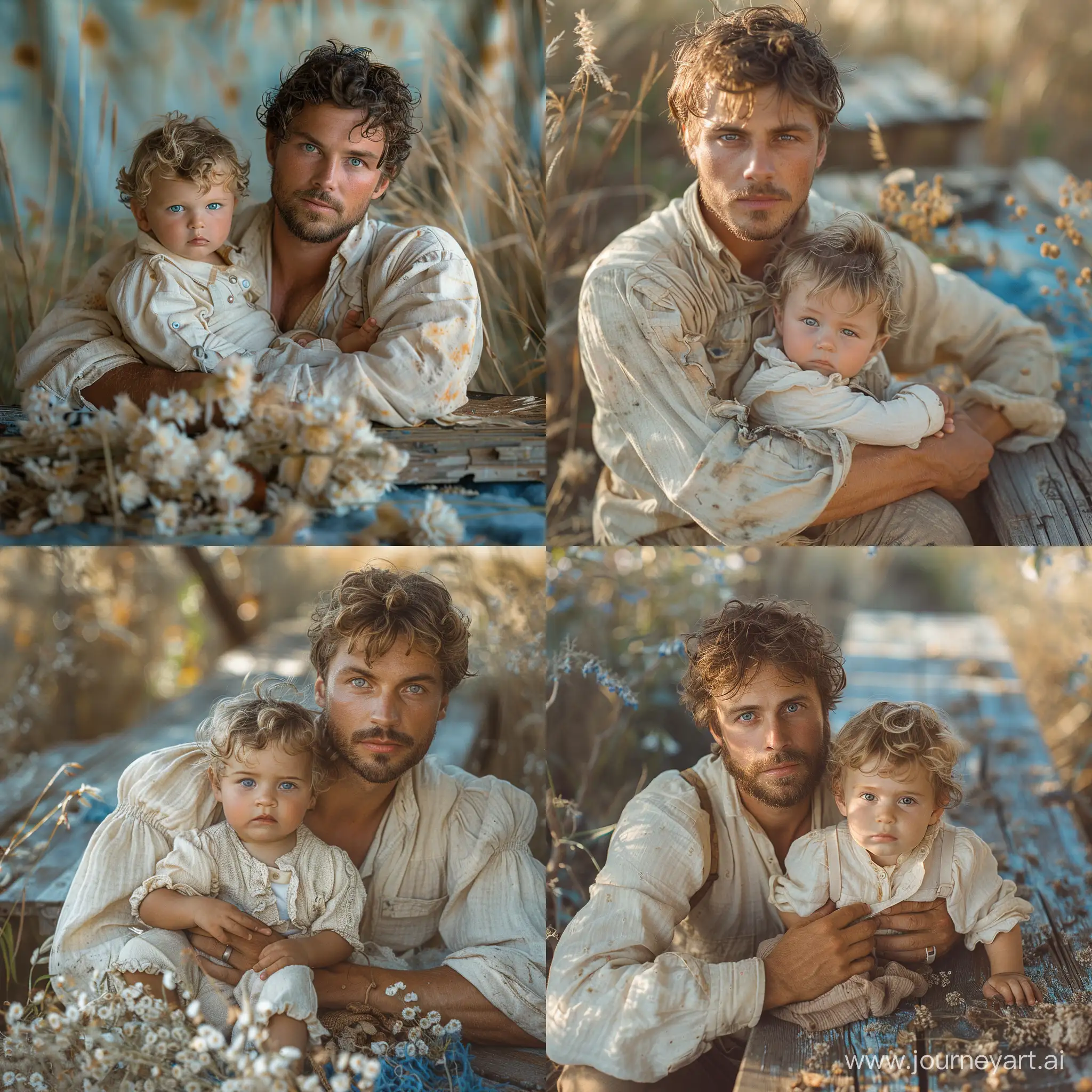 a man and baby boy holding each other near a wooden table and blue grass, in the style of ferrania p30, light beige and light amber, exaggerated facial features, hatecore, texture-rich, back button focus, cottagepunk  --s 750 --v 6 --style raw