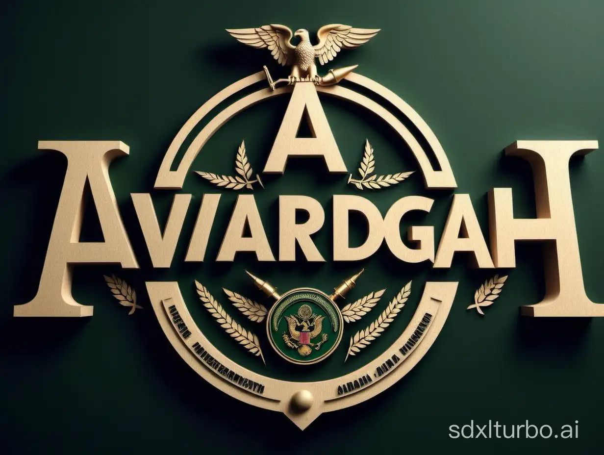 create text logo from "Avardgah" inside a military decoration, front view