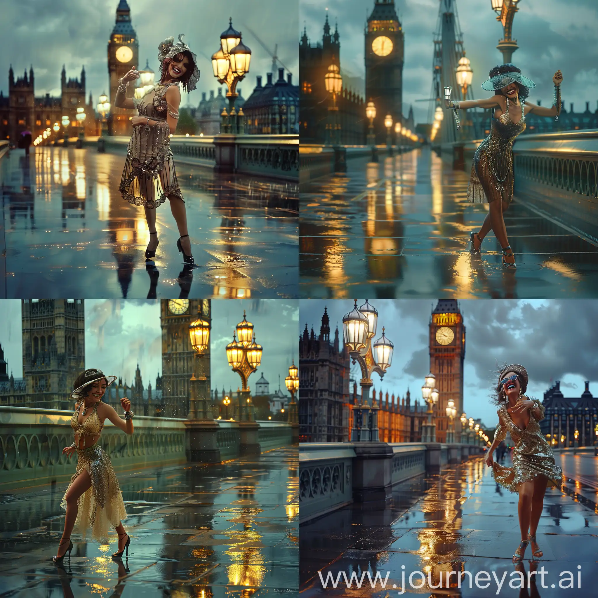 A highly detailed photographic image of a beautiful smiling 1920s flapper woman.  she is dancing in the rain on Westminster bridge, London.The street lamps are reflected on the wet pavement. Beautiful magical mysterious fantasy surreal highly detailed
