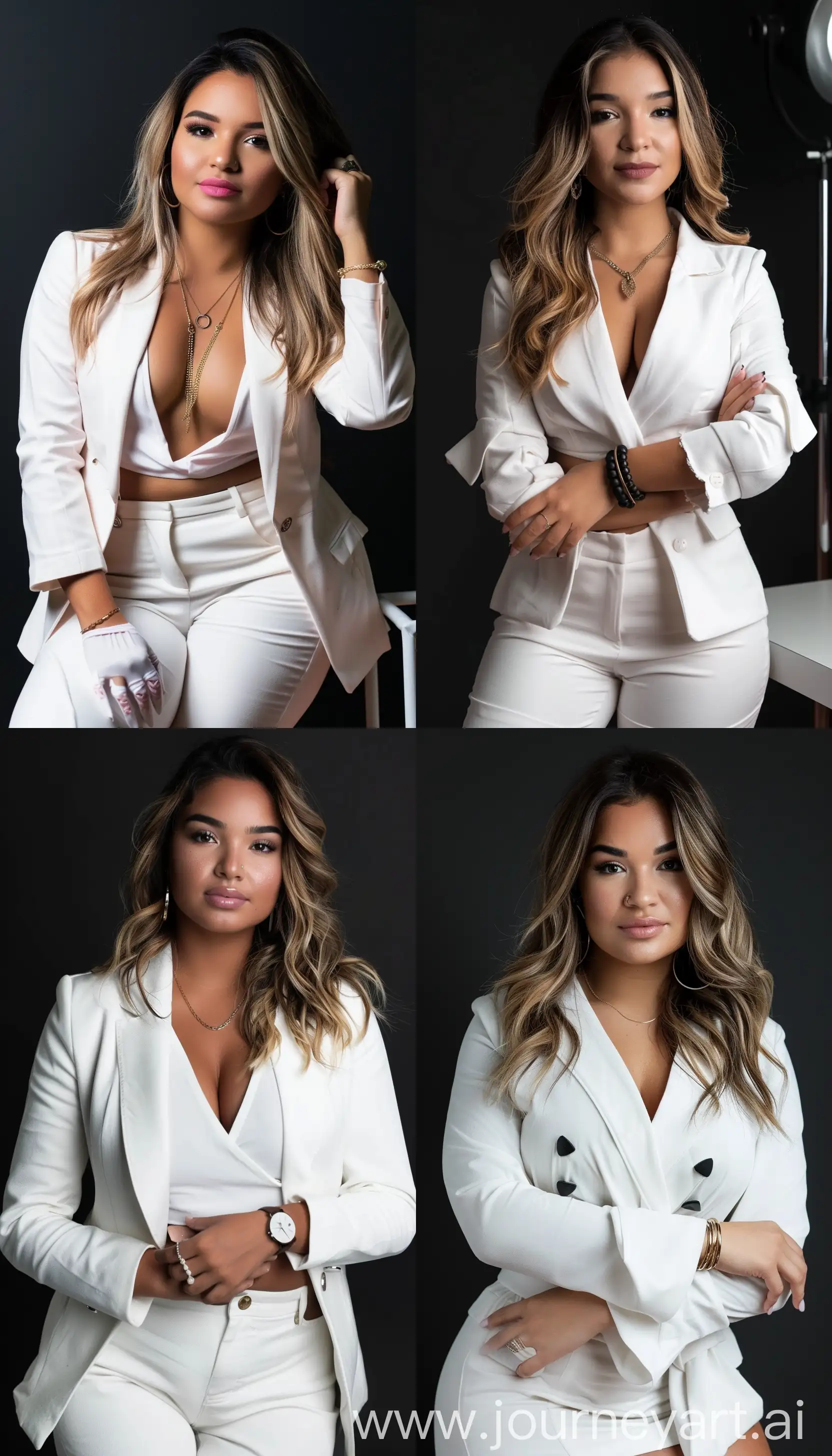A stylish woman dressed in white striking boss poses in a professional studio photoshoot, with an olive skin tone --sref https://i.pinimg.com/originals/2d/9d/38/2d9d38e9a0fd5b7a862d7735c0b0ffea.jpg --style raw --v  6 --ar 4:7