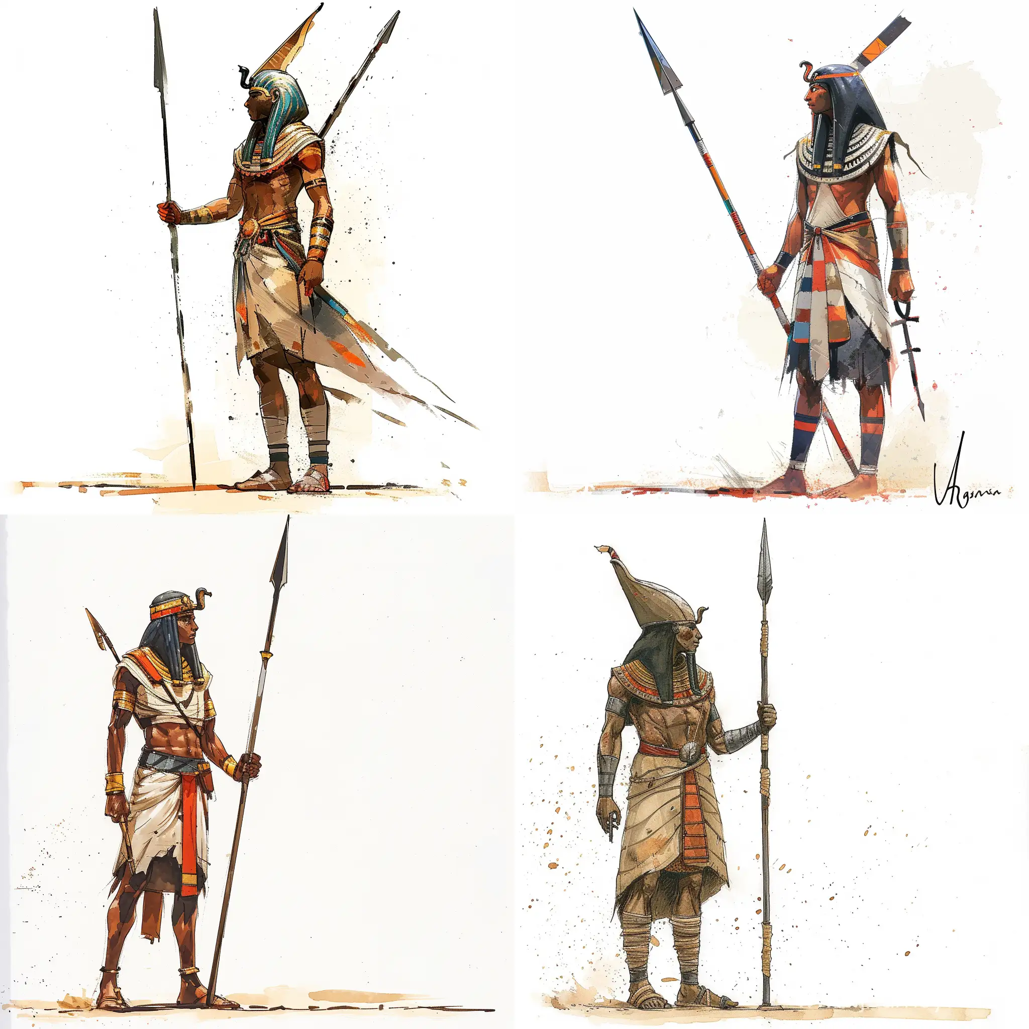 an ancient Egyptian warrior, standing tall, in combat gear, holding a spear, stylized caricature, decorative, neat, without splashes, bright colors, Victor Ngai, watercolor, ink, on a white background, flat drawing