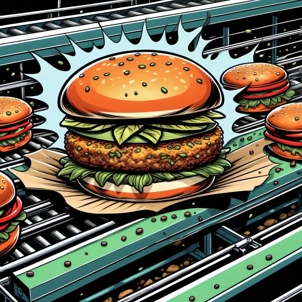 Comic style image of veggie burger coming out of from production line