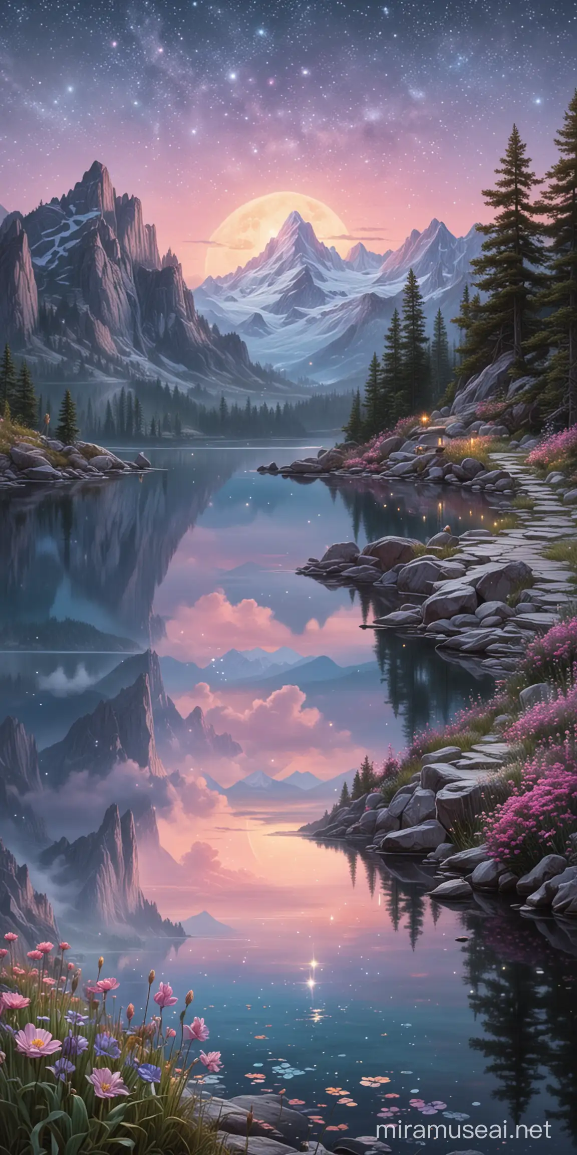 image tons pastels décors art divinatoire montagne au fond lac fée blanche ciel de nuit
