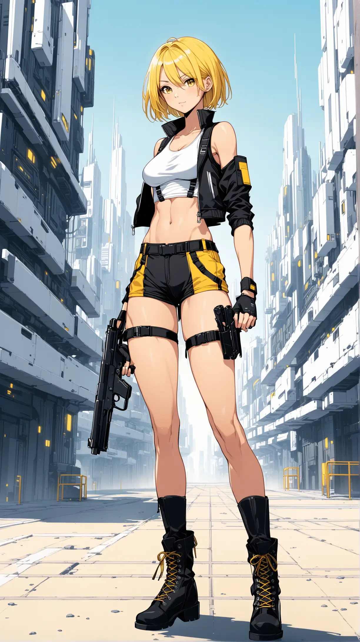 sexy fit 24 year old hero girl, short chin length yellow hair, posing with handguns in futuristic town, super skinny toned body, wearing black members only jacket, short white tank top, sexy midriff, wearing suspenders, holsters on each thigh, combat boots, yellow black white 3 color minimal design