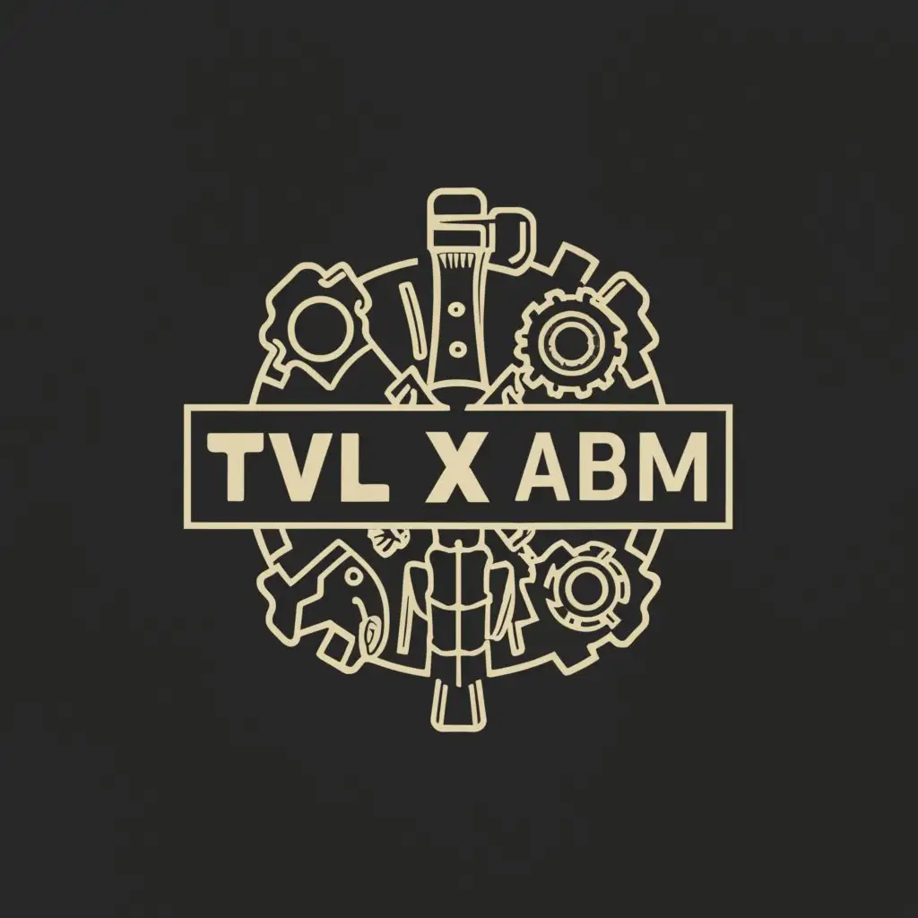 a logo design,with the text "TVL X ABM", main symbol:Cooking, towers, Gears,wrench and hammers Lettering is graphics,complex,clear background