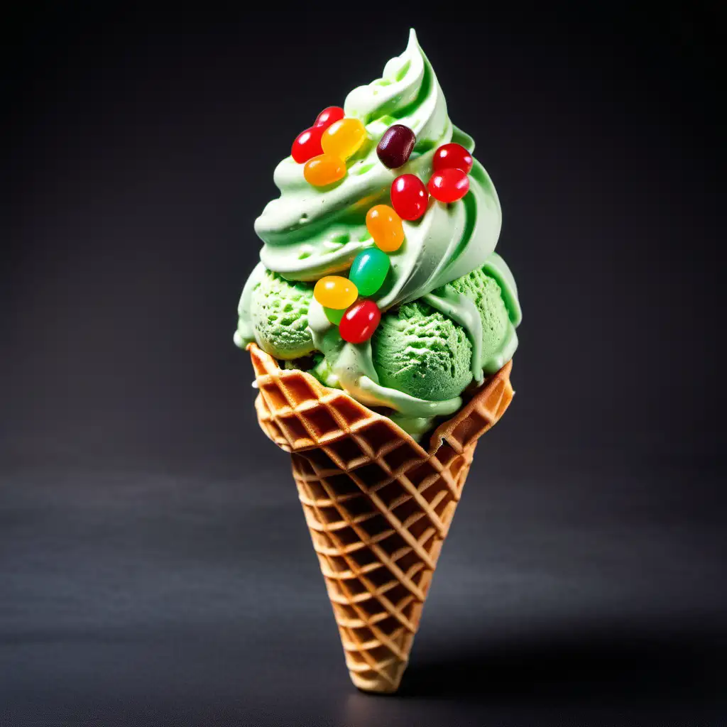 Green ice cream cone with little jelly beans, key on the cone waffle