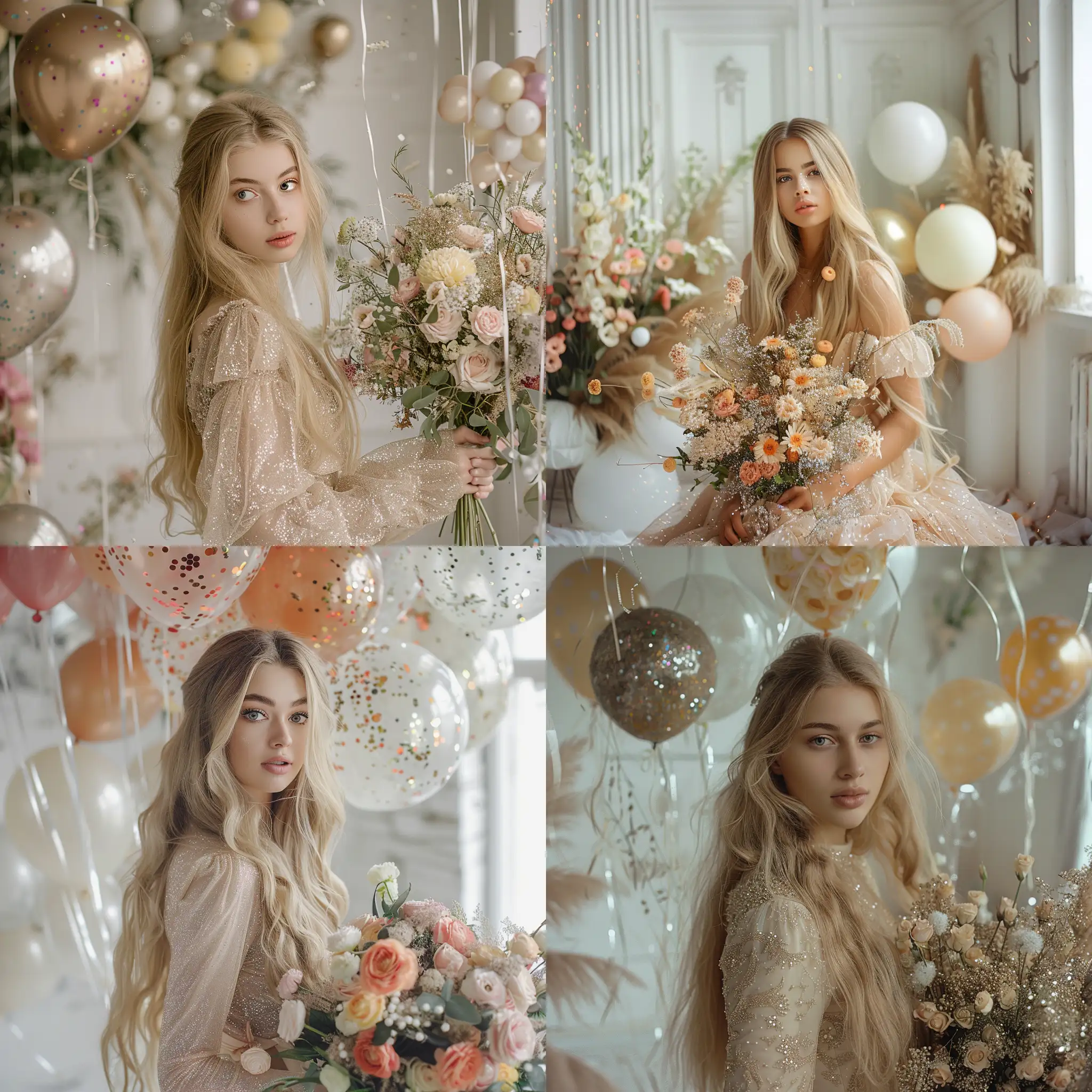 Young woman with blonde long hair in studio in a dress in a room with white walls in the hands of a lush bouquet of flowers. The room is decorated with glitter and balloons made of falsa realistic photo photo shoot girl looking at the camera face well seen detailing 
