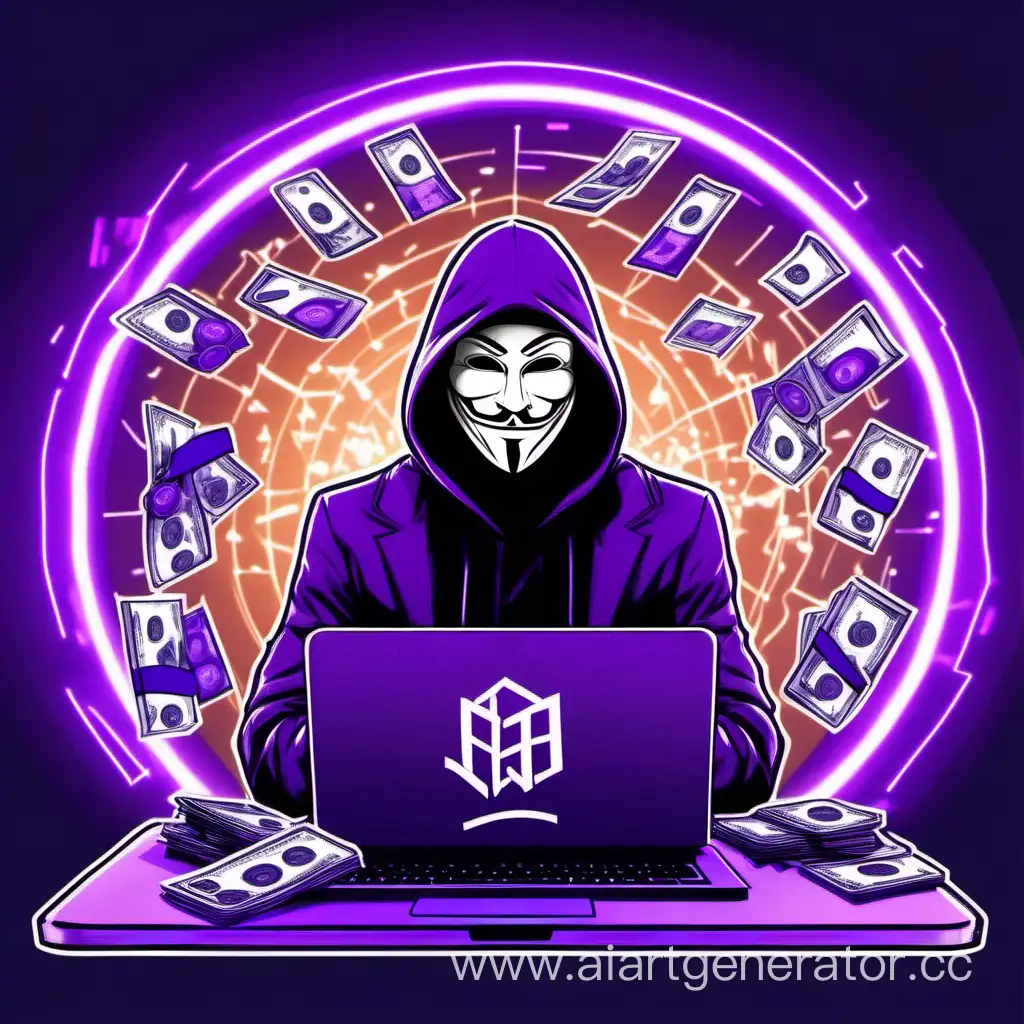 A guy in an anonymous mask sits at a laptop. There is money, cryptocurrency and bank cards around. It's in a circle. Everything is purple. There's an aura around the guy. On the lid of the laptop it is written: 3833