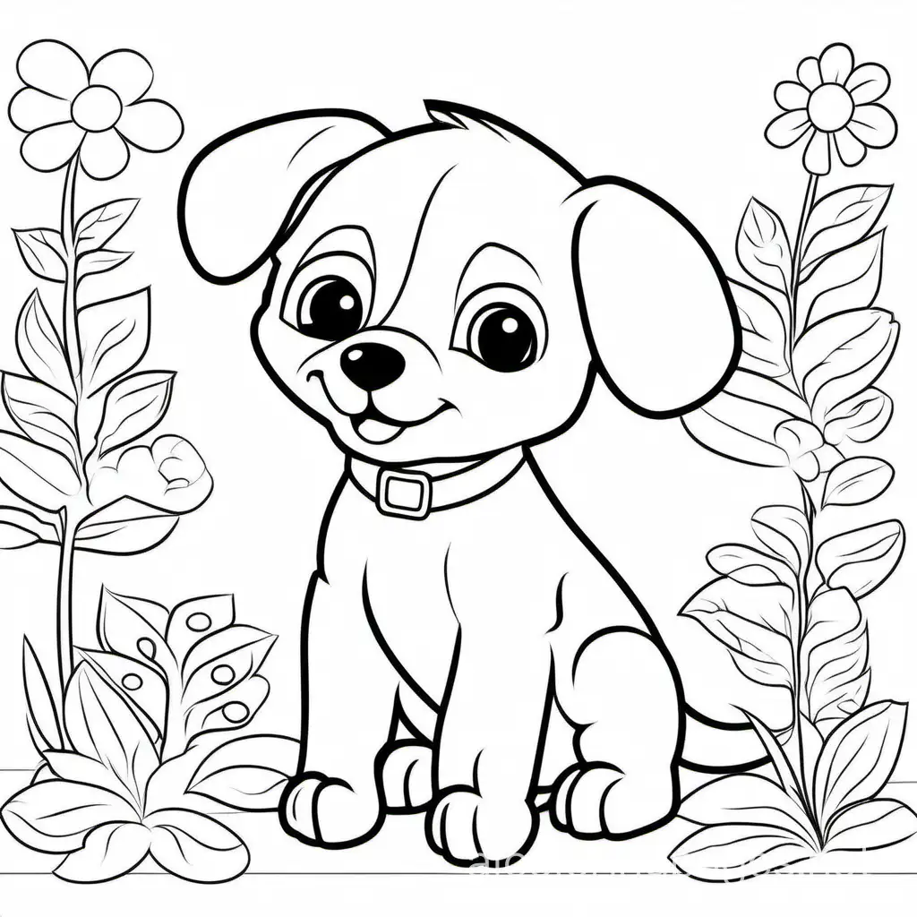 Create cute puppies, Coloring Page, black and white, line art, white background, Simplicity, Ample White Space. The background of the coloring page is plain white to make it easy for young children to color within the lines. The outlines of all the subjects are easy to distinguish, making it simple for kids to color without too much difficulty