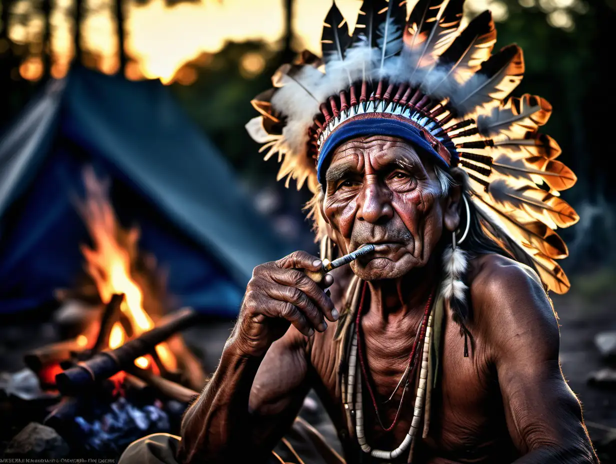 Elderly Native American Enjoying Peaceful Sunset with Traditional Headdress