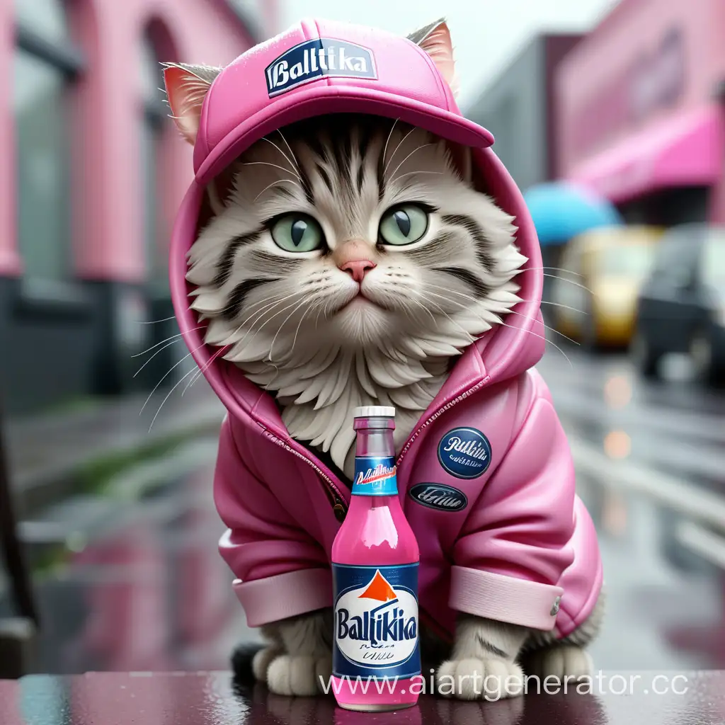 Котик в розовой куртке и в розовой шапке стоит крупным планом на улице и держит бутылку “BALTIKA 9”  Погода очень пасмурная и дождливая.