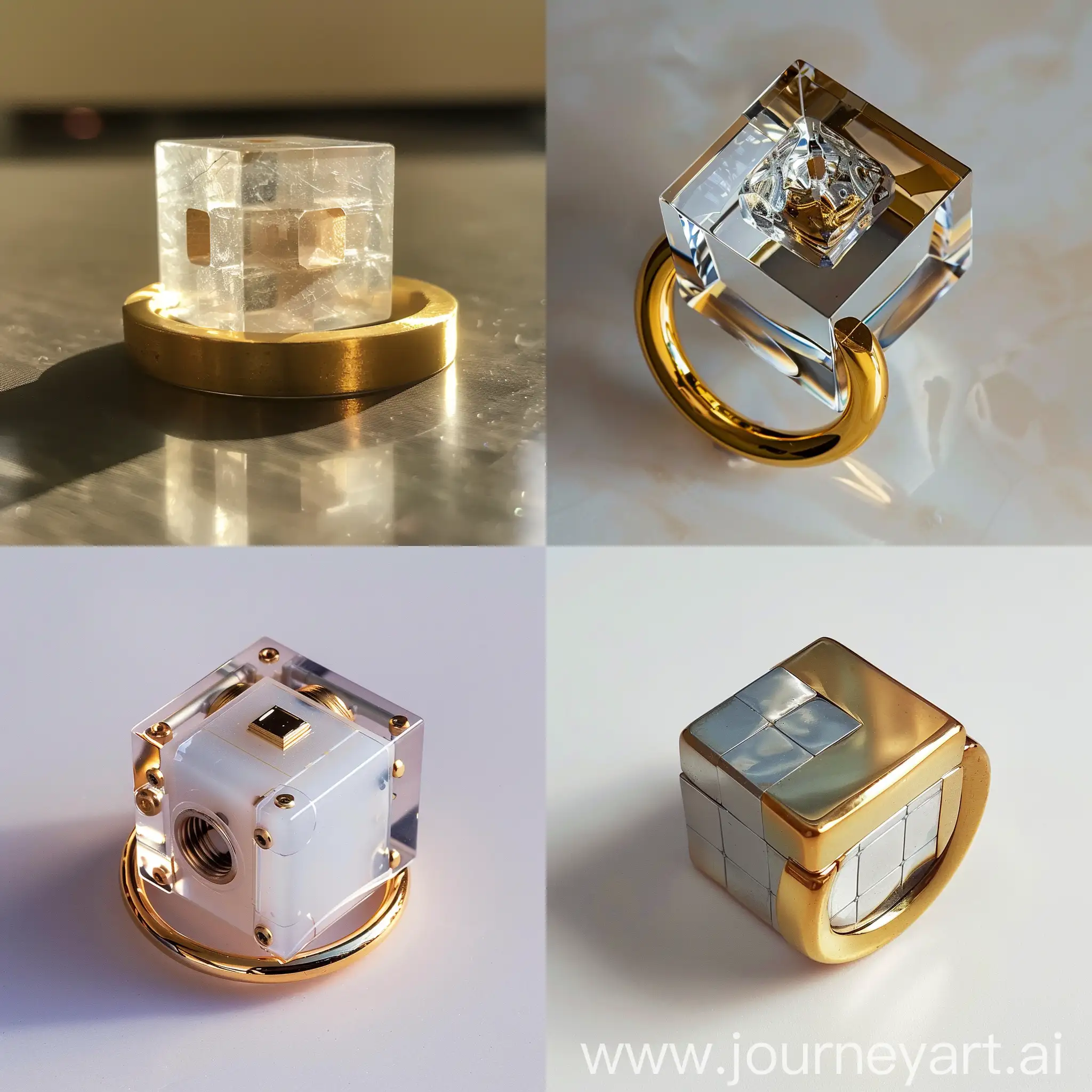 A cube on a gold ring which any side of 4 sides of the cube has a face mode
