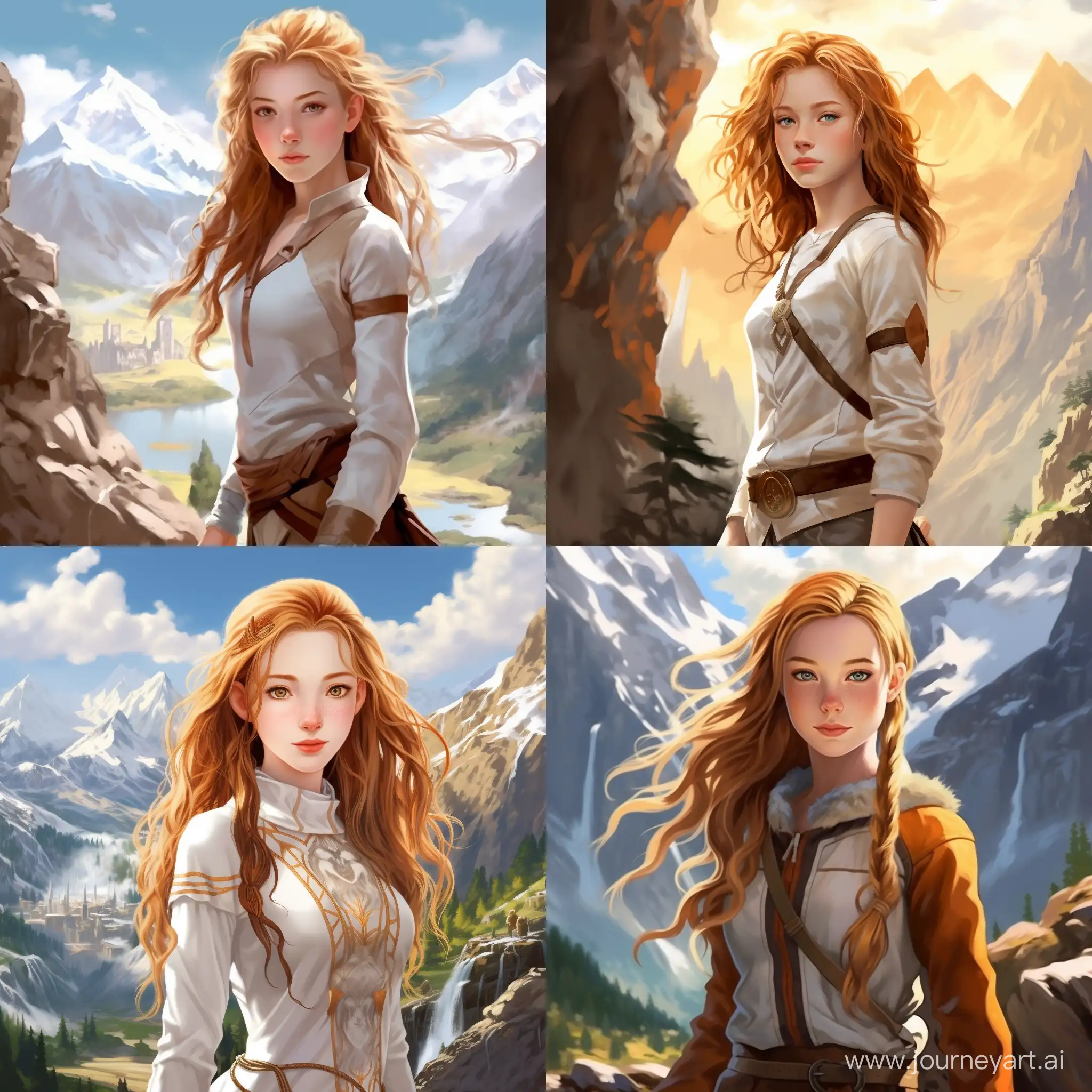 Beautiful girl, golden hair, gray-blue eyes, snow-white skin, teenager, 14 years old, avatar style legend of aang, journey in the mountains, high quality, high detail, cartoon art