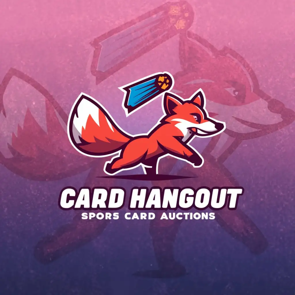 a logo design,with the text "CARD HANGOUT - SPORTS CARD AUCTIONS", main symbol:Running red fox, purple/blue background, bold, energetic, funny,Moderate,be used in Internet industry,clear background