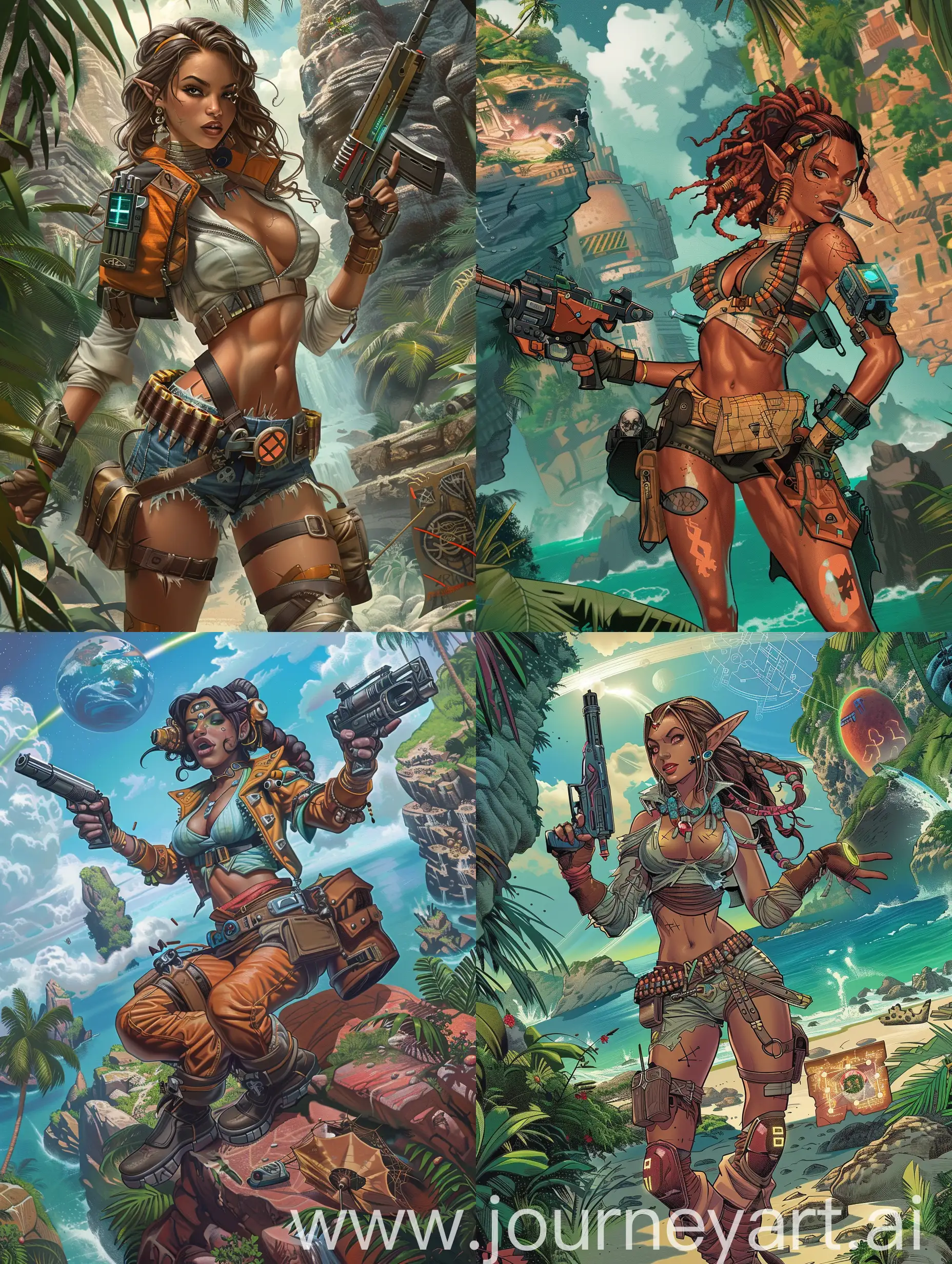 Photo Illustration featuring a character from the Dungeons & Dragons role-playing game. A marvellous tropical island in alien planet backdrop. The character is a beautiful female space pirate in exquisite clothing with a blaster and a cybermap of treasures, Jim Lee and Luis Royo style, features, ancient, highly detailed, action poses, awesome face, complex, X-Men comic book cover
