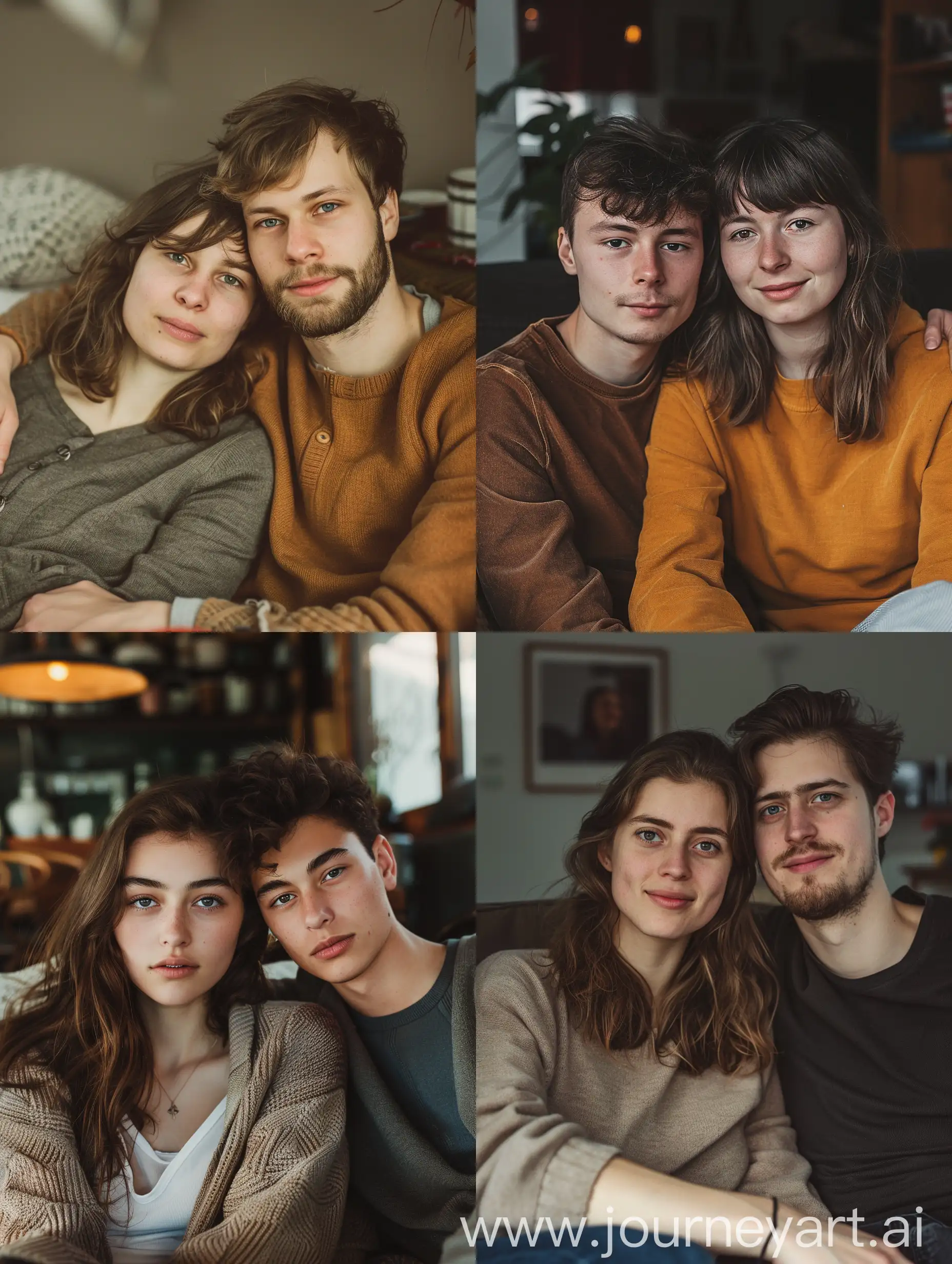 Loving couple young woman and man sitting on a sofa in a cozy atmosphere faces clearly visible and looking at the camera natural pose realistic photo faces relaxed with a slight smile high quality photo 