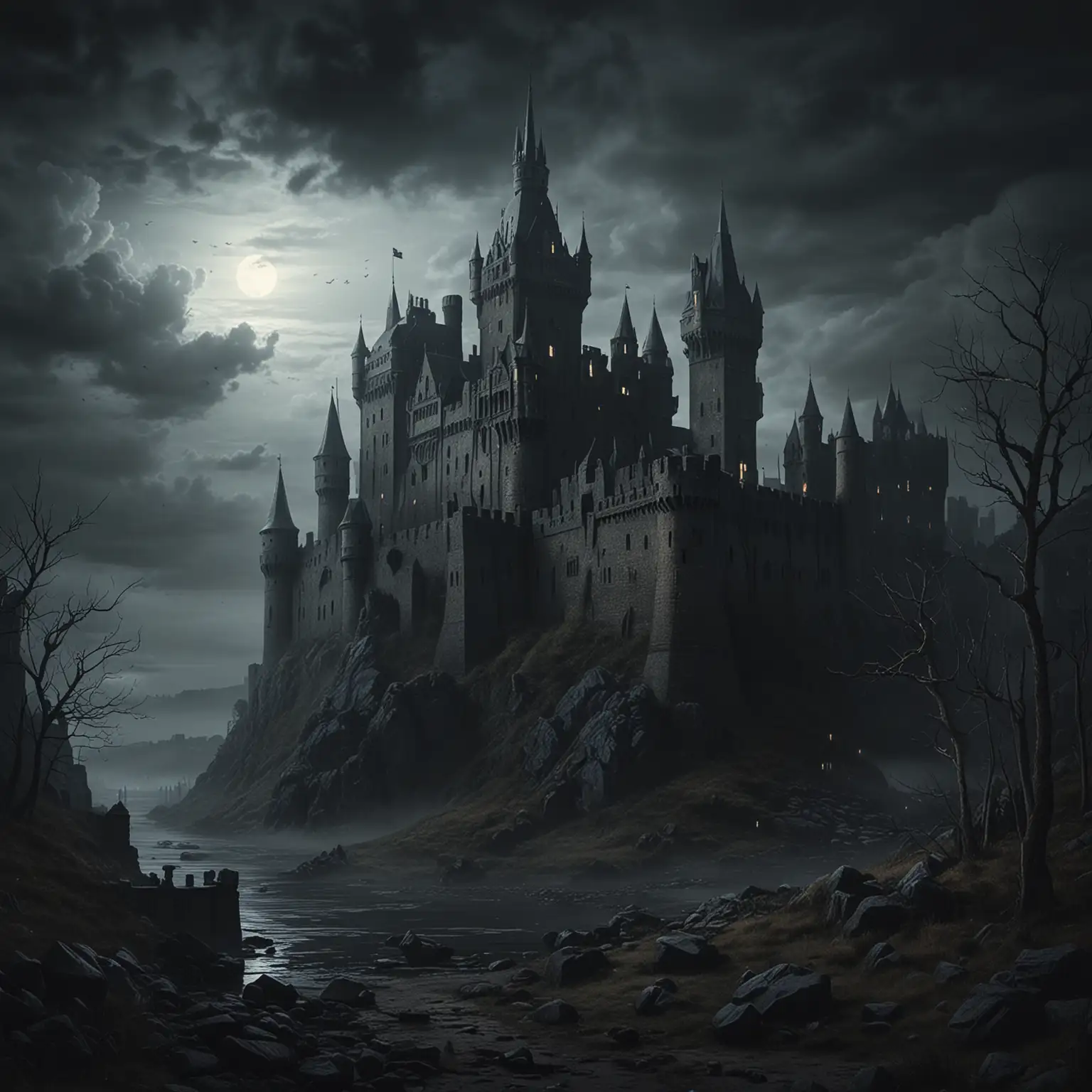 Medieval-Castle-in-Dark-Seclusion-Amidst-Eerie-Landscape
