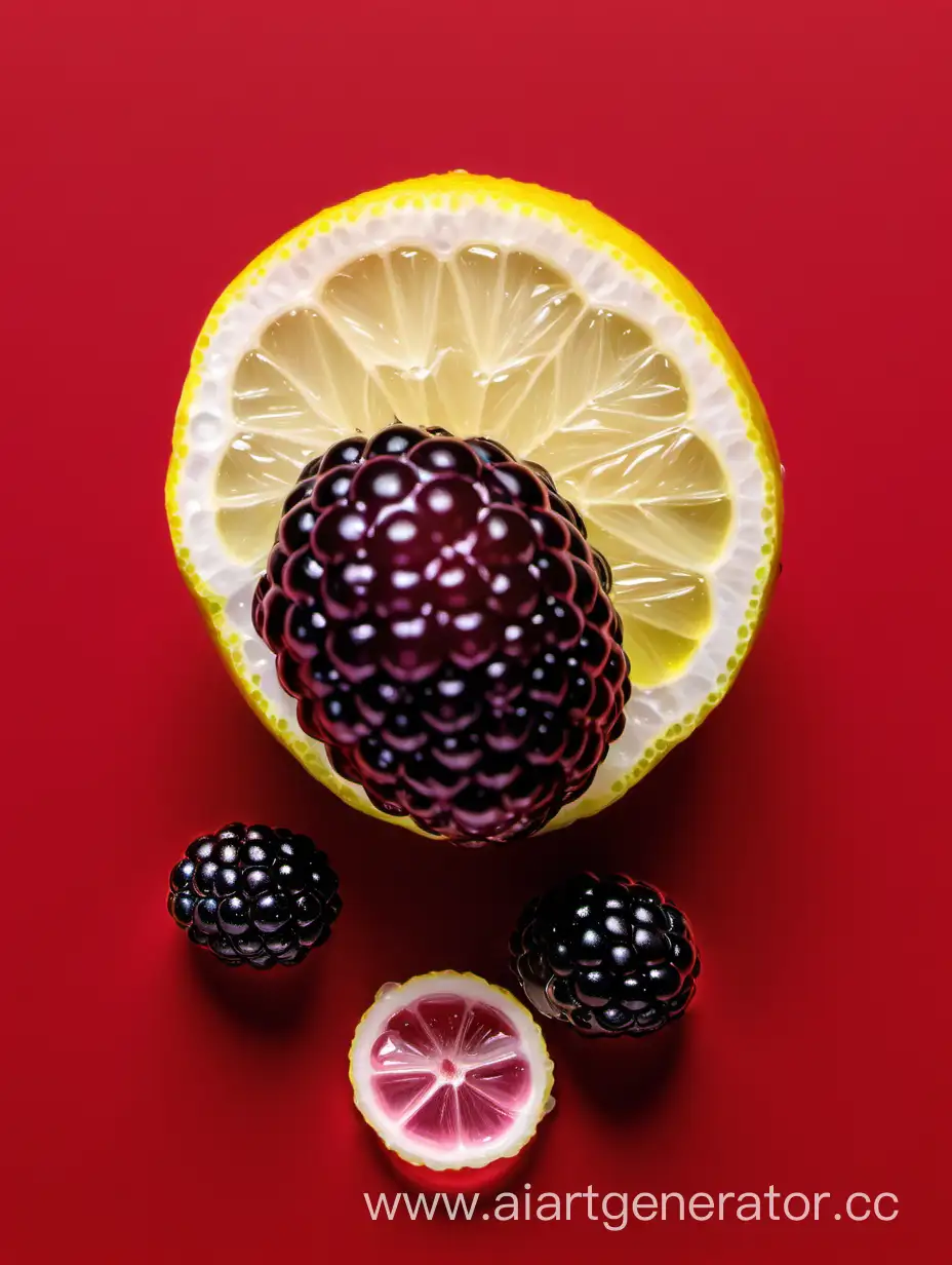 Boysenberry-and-Lemon-Slices-Floating-in-Water-Droplets-on-Vibrant-Red-Background