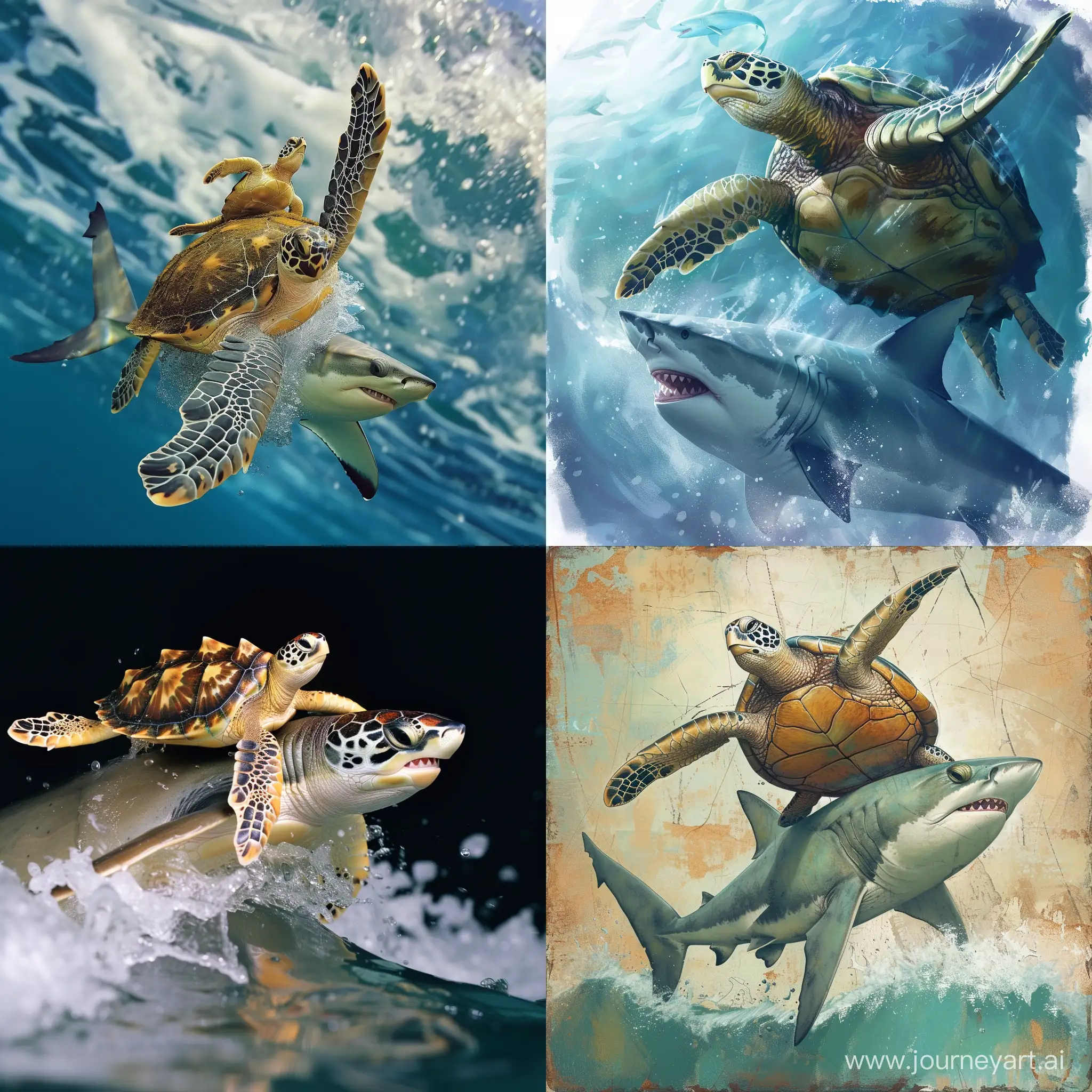 Adventurous-Turtle-Riding-Shark-Underwater
