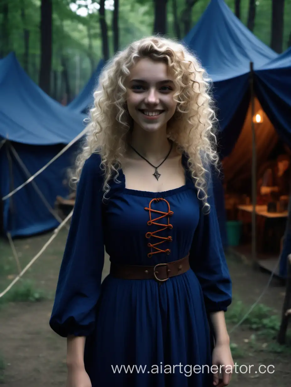 Русая кудрявая девушка улыбающаяся колдунья в тёмной синем платье, подземелья и драконы, средневековье, в лагере с палатками, 4к