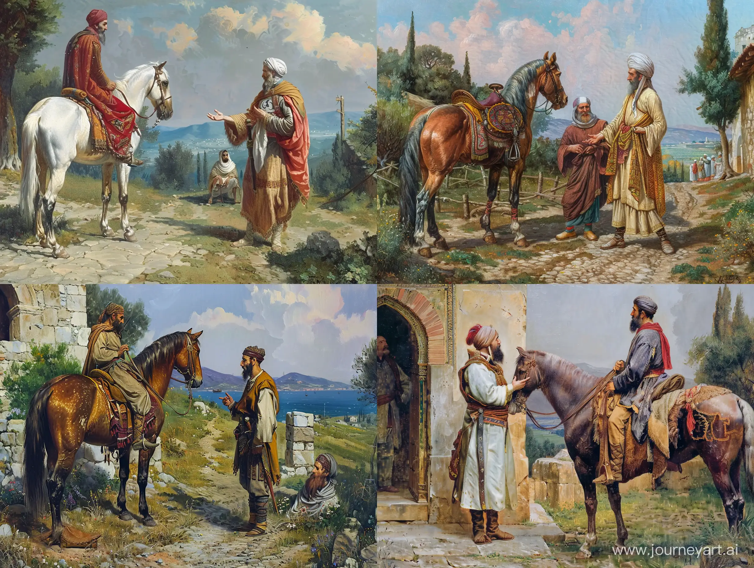 Encounter-of-Medieval-Turkic-Man-and-Greek-Peasant-in-Anatolia-Renaissance-Style-Painting-by-Leonardo-Da-Vinci
