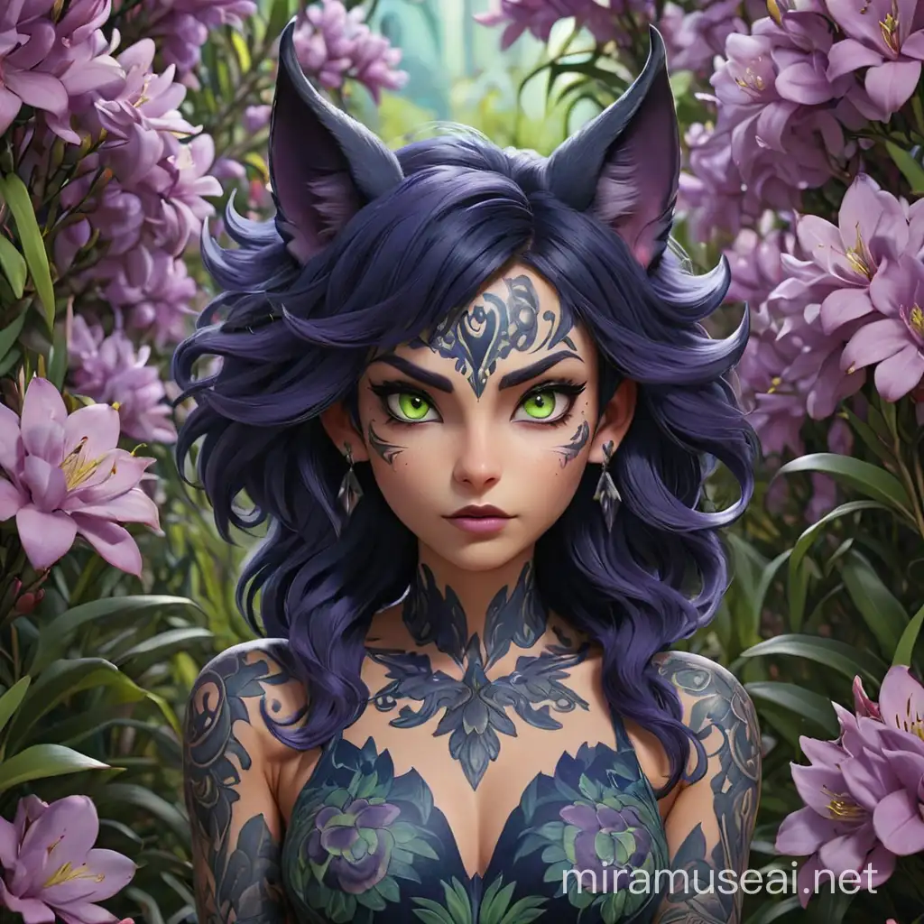 Demon woman, lavender skin, acid green eyes, dark blue hair, dark blue fox ears, intricate full body tattoos, surrounded by large oleander flowers