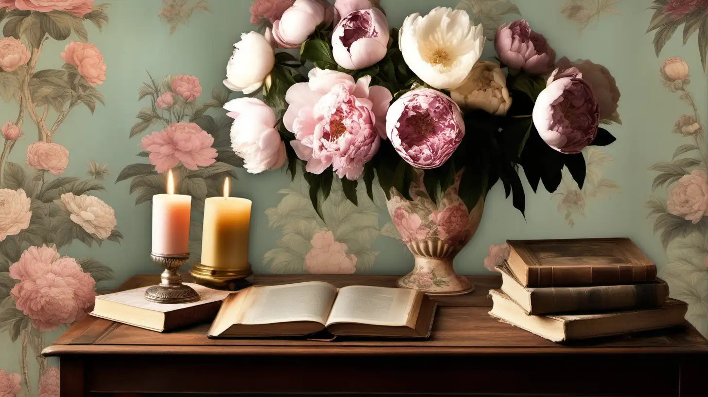 Create an image of a vintage art print for decor, showcasing a classic still life composition. The scene should be set in a softly lit room with a rustic charm. In the center, there's an antique wooden table, elegantly draped with a lace tablecloth. On the table, arrange a vase of fresh, lush peonies in soft pinks and whites, beside a set of vintage, hardcover books with intricate bindings. Include a brass candlestick holder with a burning candle, casting a warm, gentle light over the scene. The background should feature faded floral wallpaper in pastel tones, adding to the antique feel. The overall color palette should be soft and muted, with hints of pastel colors, to evoke a sense of nostalgia and timeless elegance. The style of the image should mimic the techniques of classic oil painting, with visible brushstrokes and a slightly textured finish.
