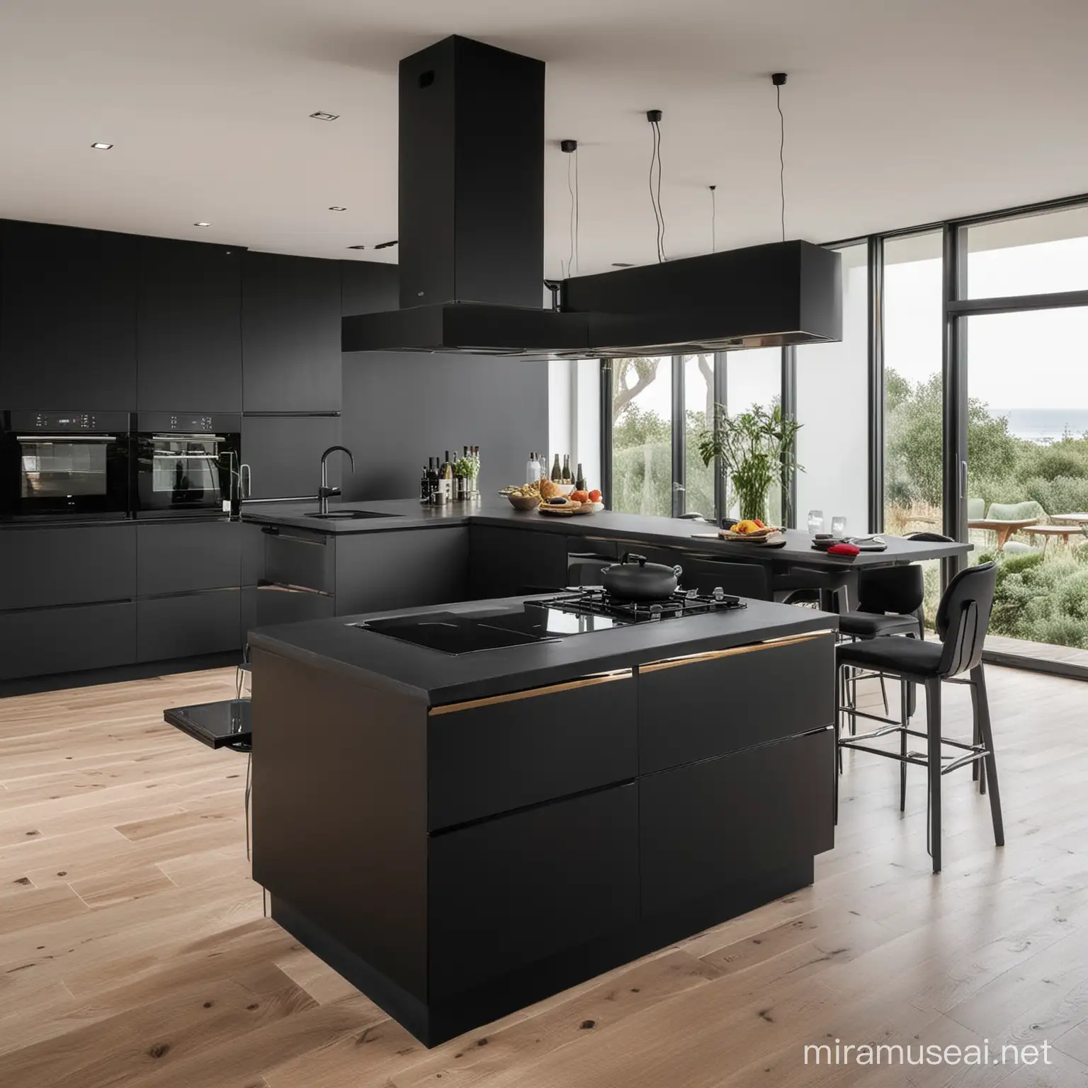 Contemporary Black Kitchen with Island and Electric Hob