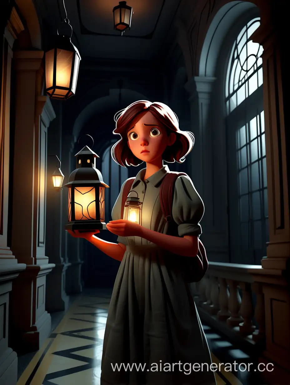 Превью для фильма где девушка ищет выход в большом красивом здании в руках фонарь, атмосфера загадочная и чудная