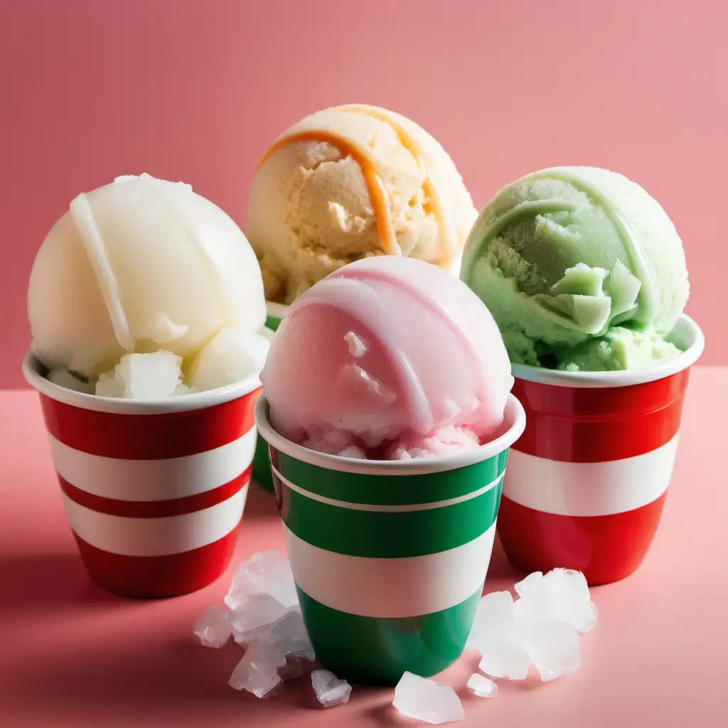 Create a collage of Italian ice scoops in a striped cup
