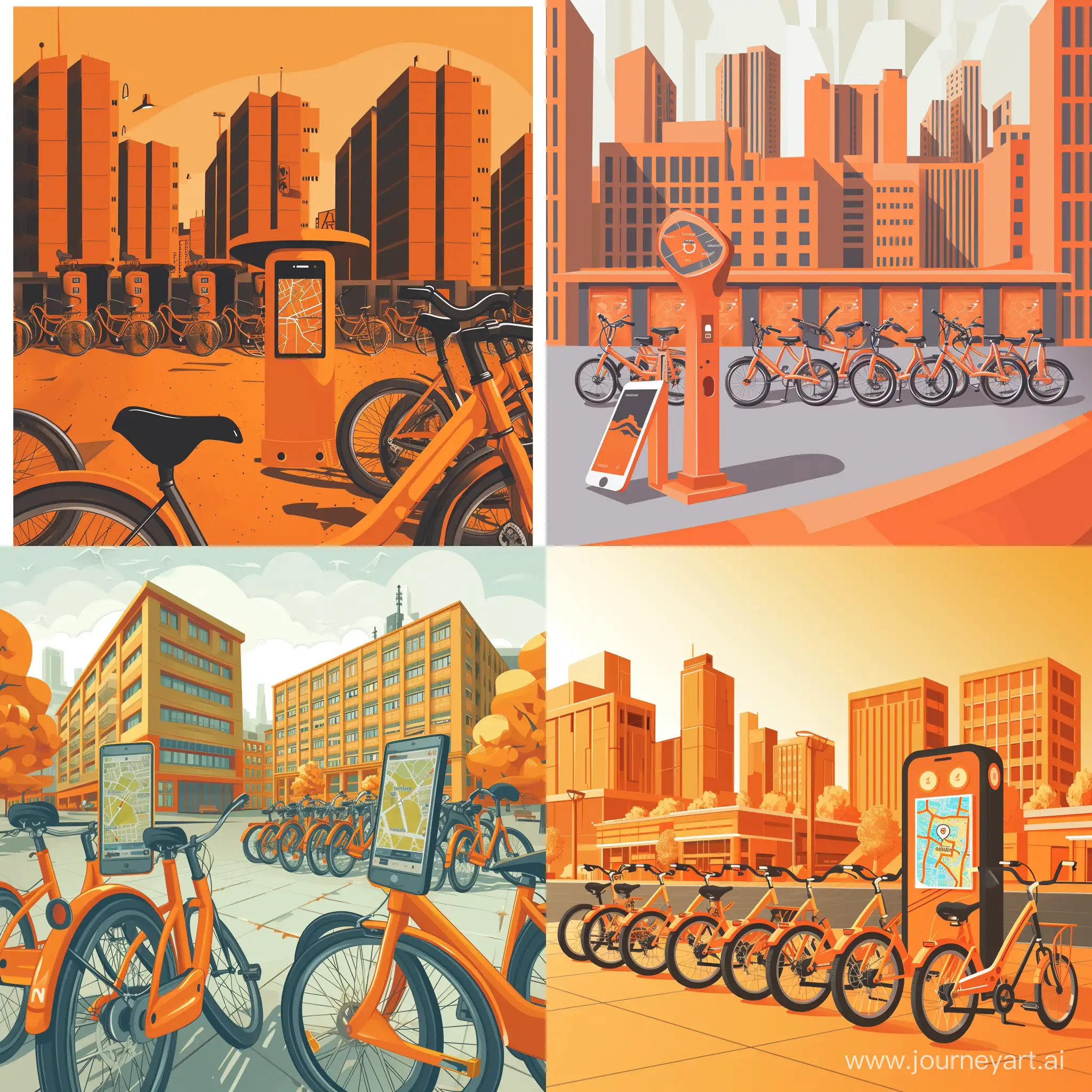 A bicycle rental station with several bicycles in park mode with orange color and a mobile phone in the image showing the map inside the mobile phone and the location icon in the university environment with orange and tall and wide buildings and the university campus. I want a very, very high quality image.