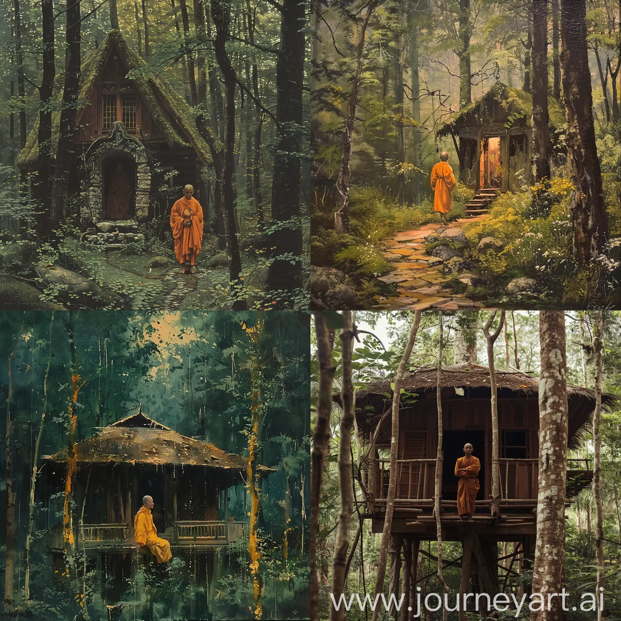 Monk in forest house