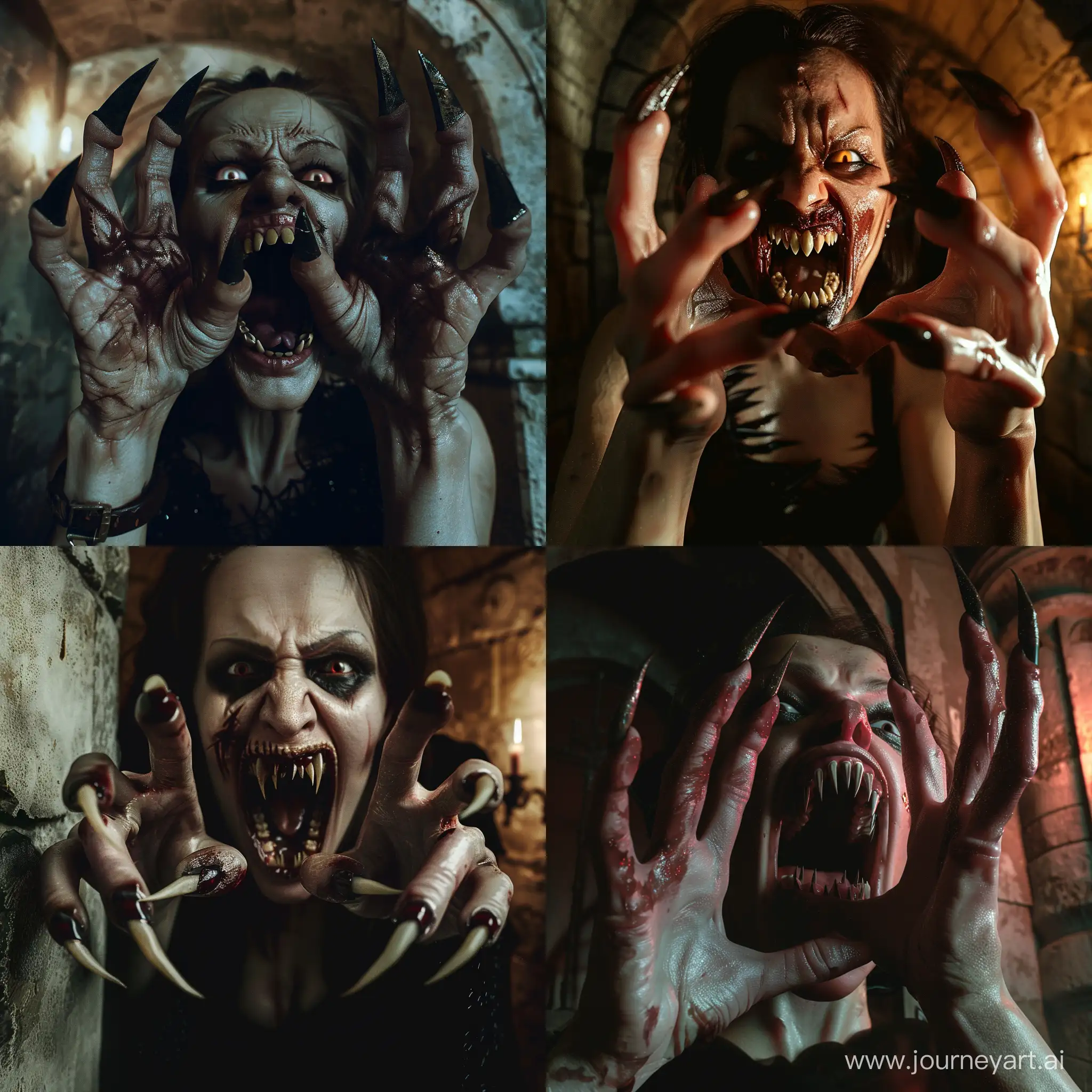 A horrifying nightmare scene of aggressive  a nosferatu vampire woman with pointed claws on her five-fingered hands, her mouth is open with pointed teeth, she attacks you, scene inside old crypt, hyper-realism, cinematic, high detail, photo detailing, high quality, photorealistic, terrifying, aggressive, sharp teeth-fangs, dark atmosphere, realistic detailed, detailed nails, horror, atmospheric lighting, full anatomical, human hands, very clear without flaws with five fingers